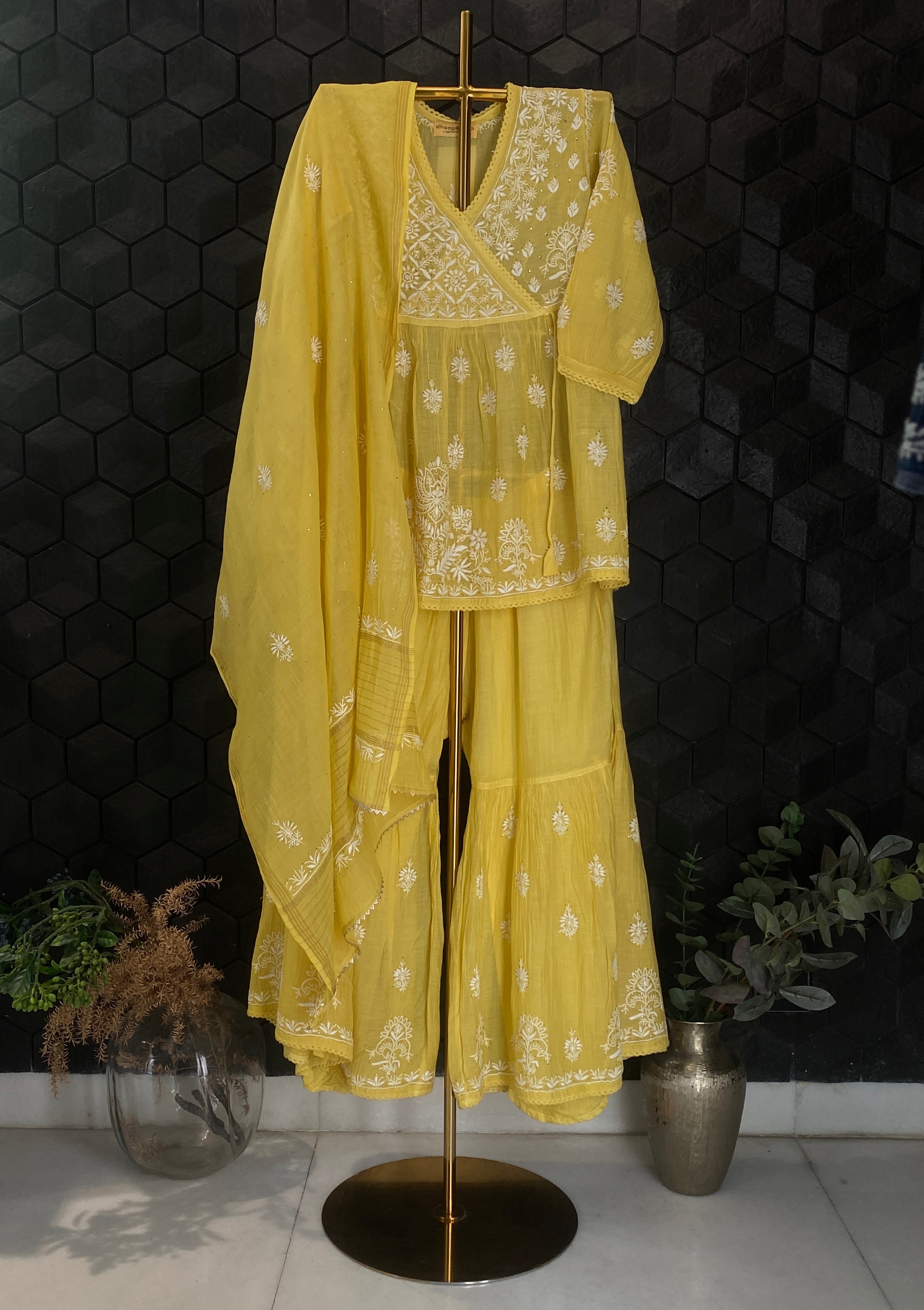 Lime Green Mul Chanderi Chikankari Angarkha Sharara Set