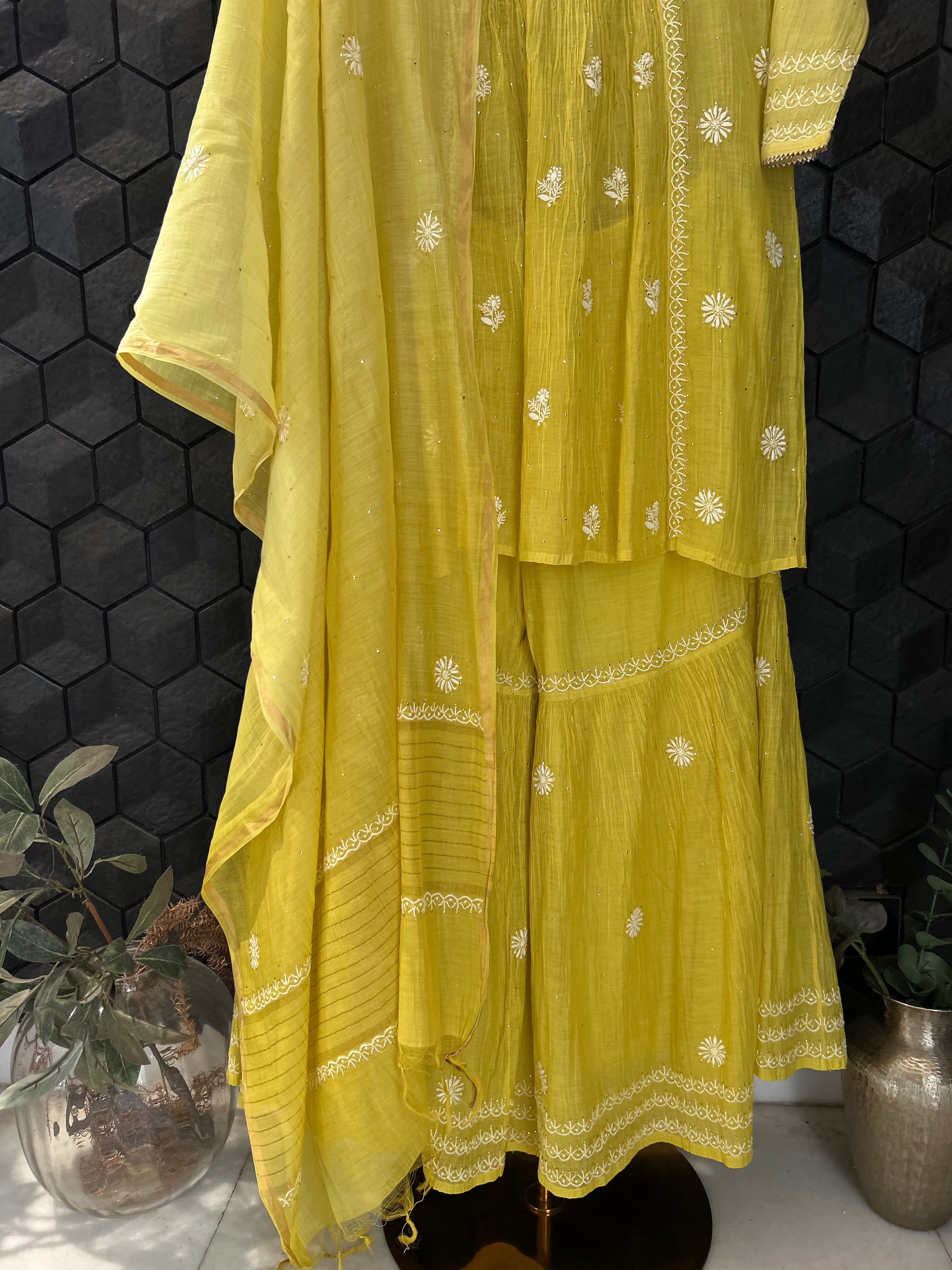 Green Mul Chanderi Chikankari Garara Set