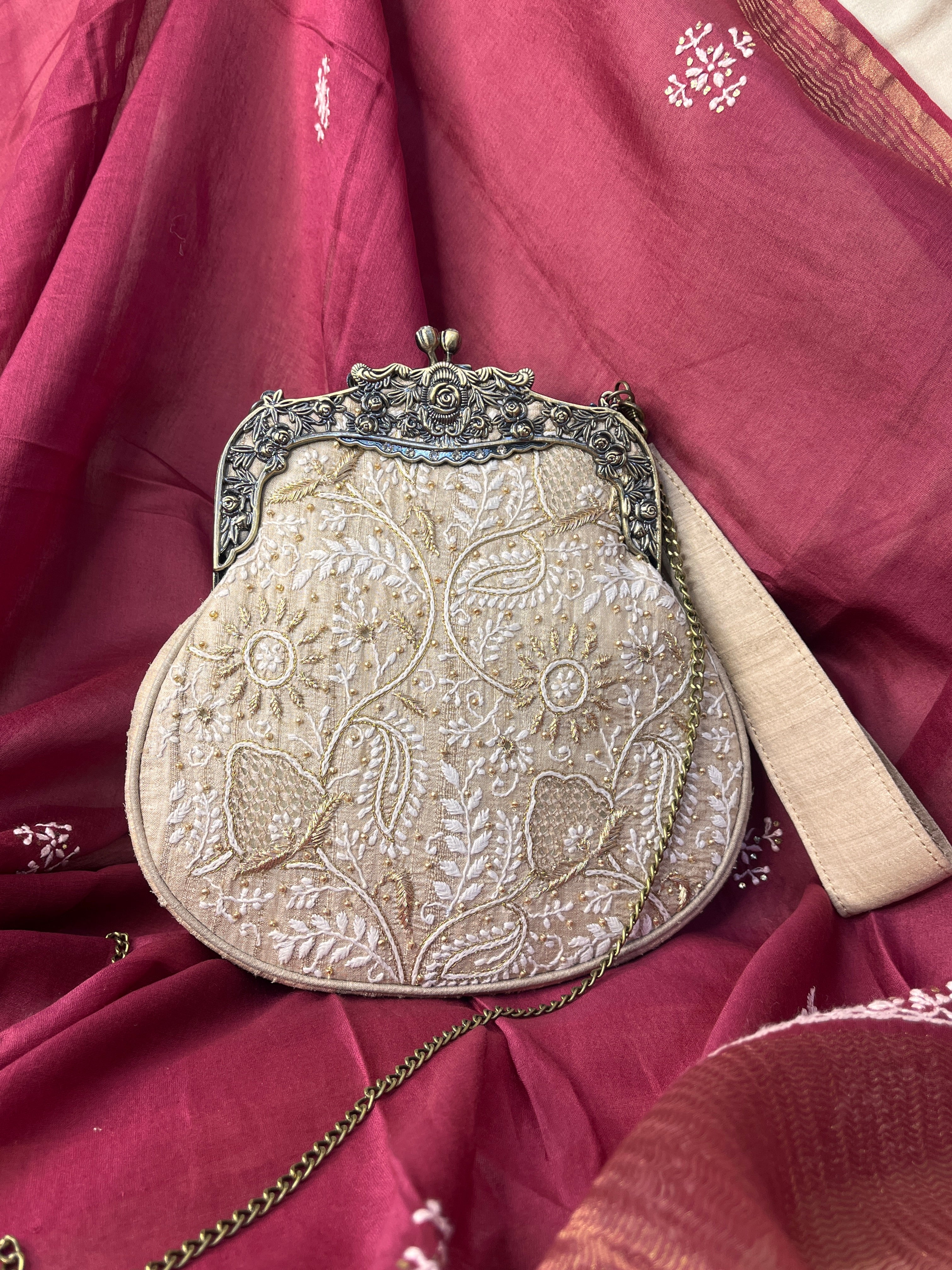 Beige Chikankari & Zardozi Potli