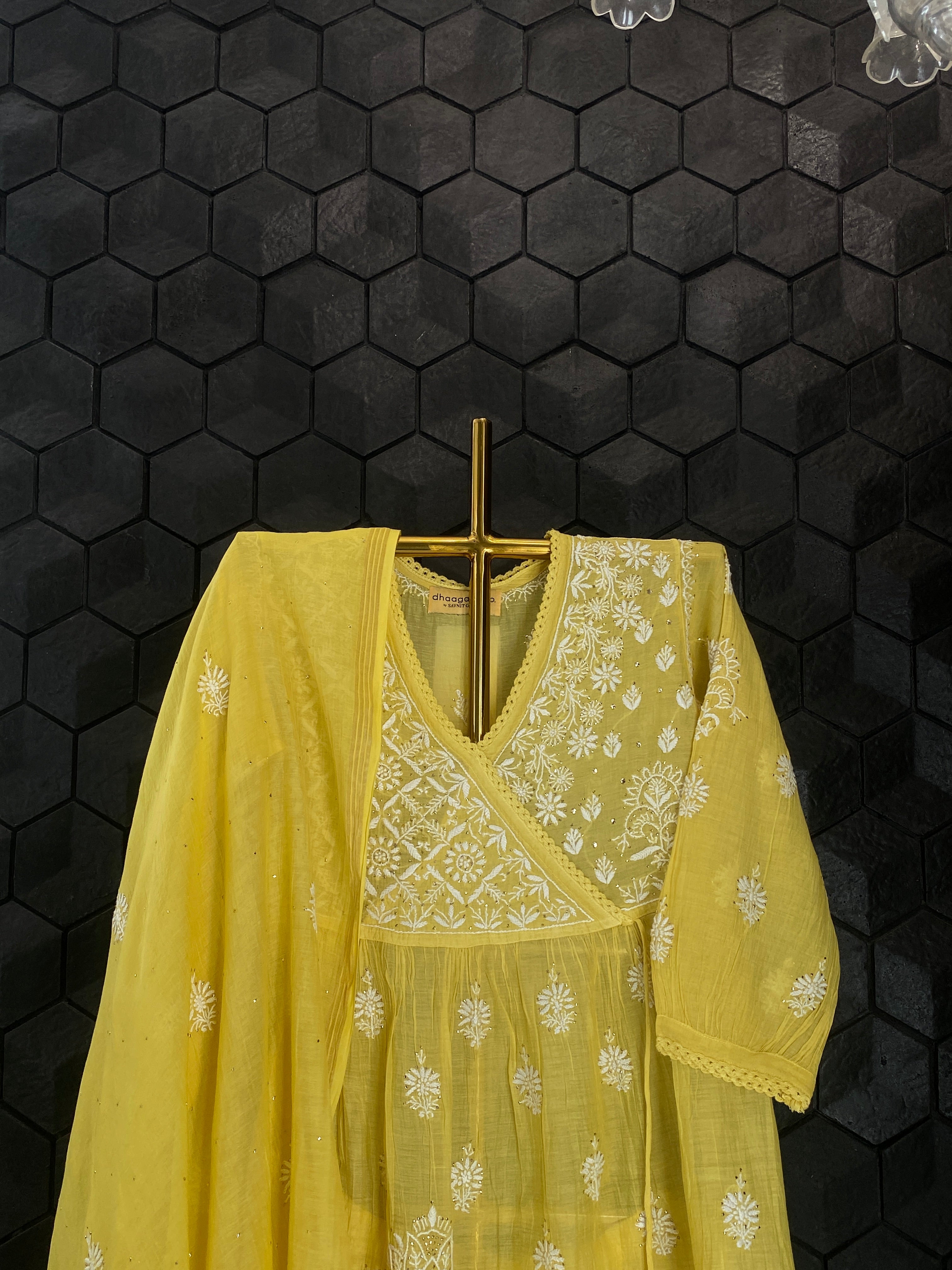 Lime Green Mul Chanderi Chikankari Angarkha Sharara Set