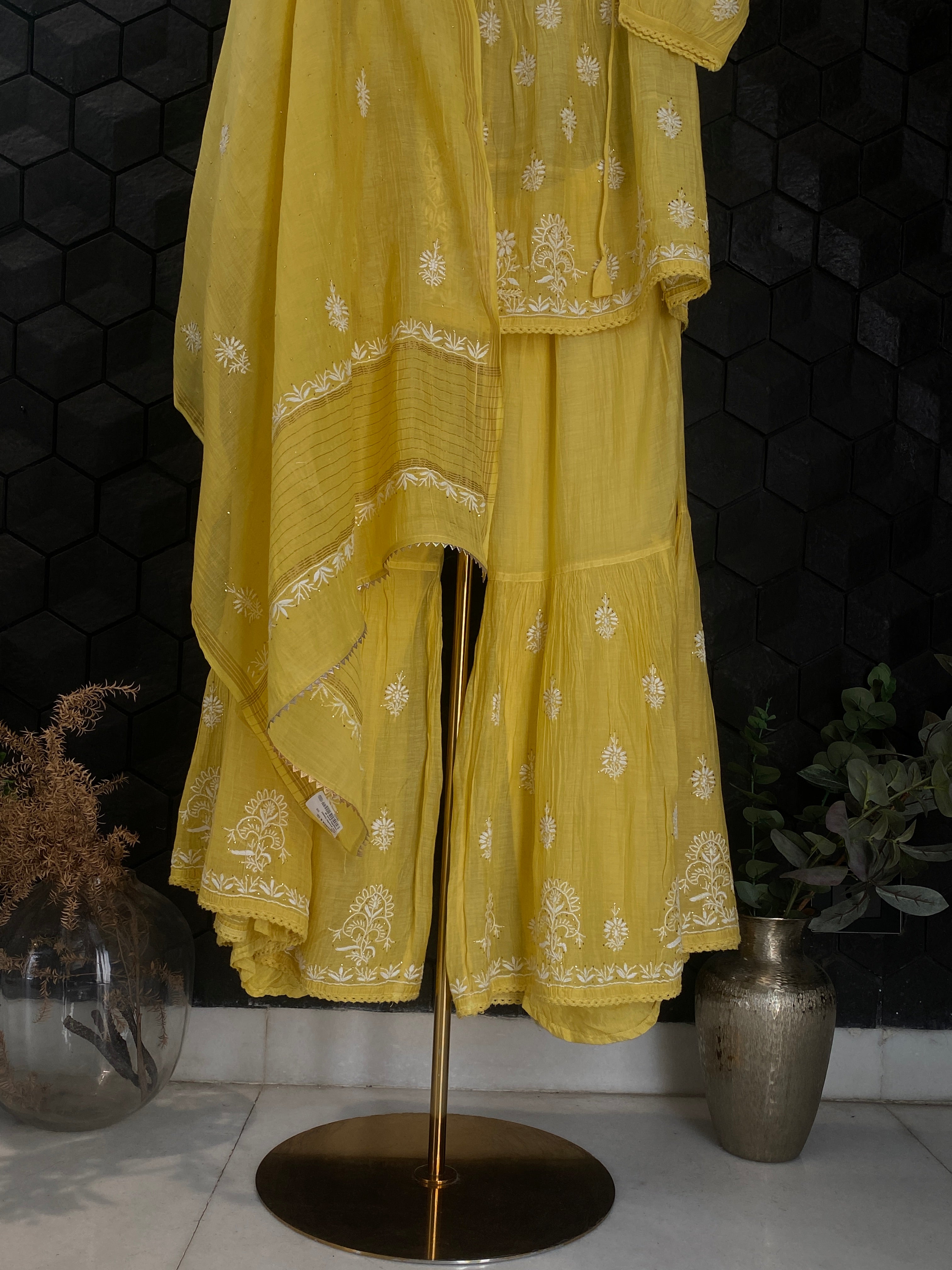 Lime Green Mul Chanderi Chikankari Angarkha Sharara Set