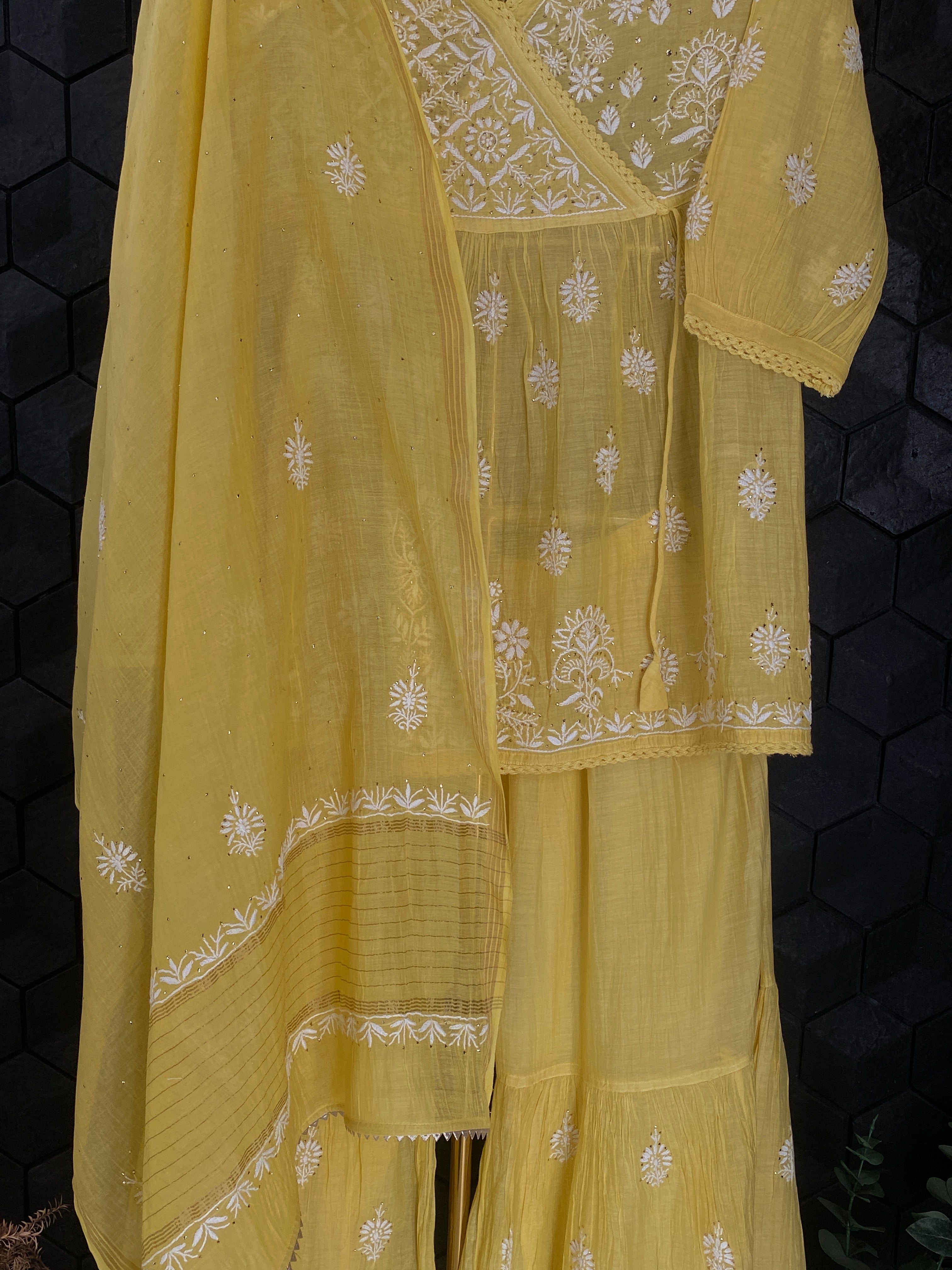 Lime Green Mul Chanderi Chikankari Angarkha Sharara Set