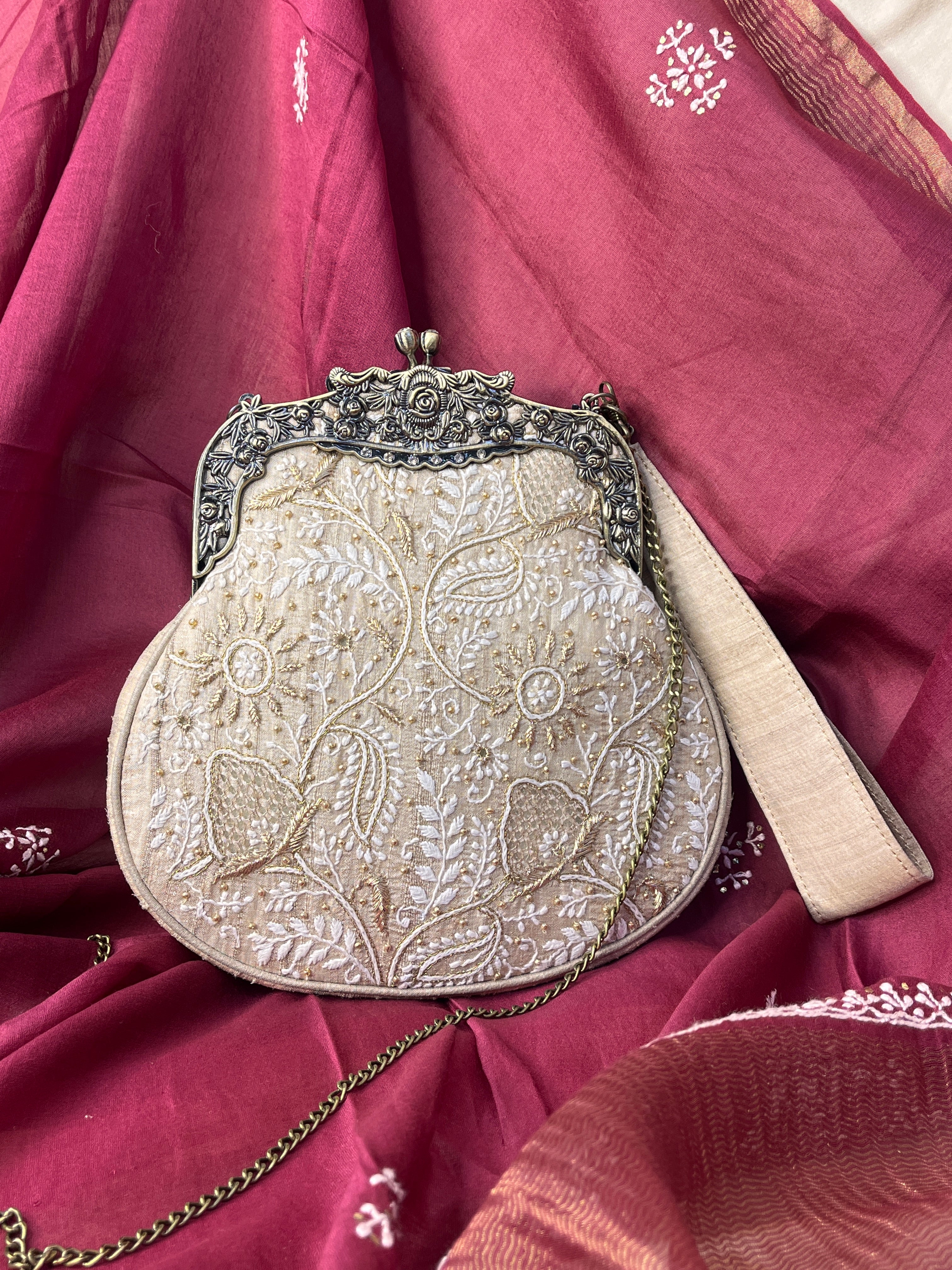 Beige Chikankari & Zardozi Potli
