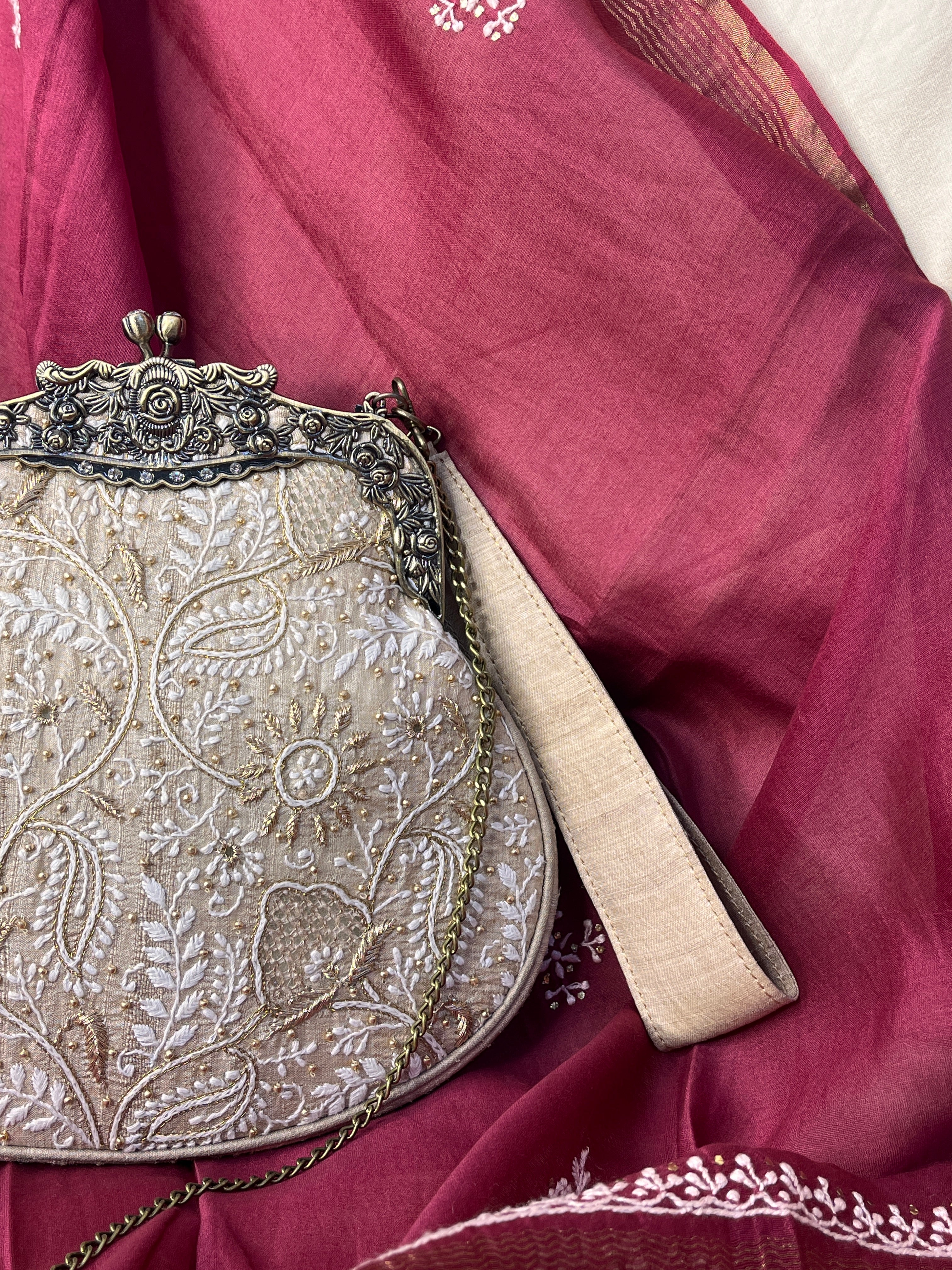 Beige Chikankari & Zardozi Potli