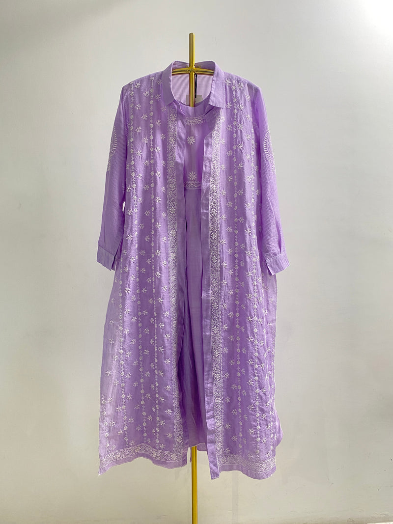 Lilac Chanderi Chikankari Cape Dress