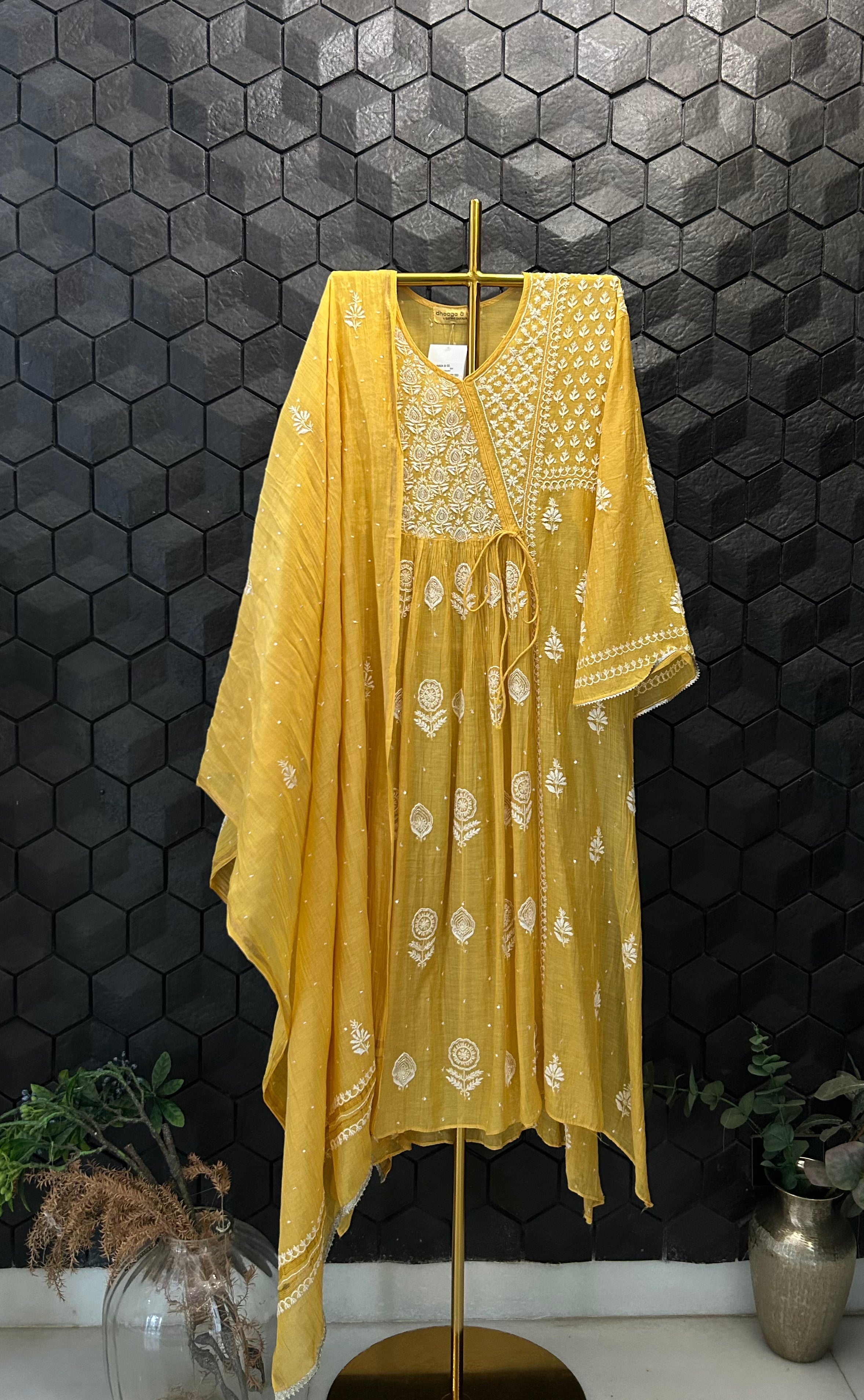 Mustard Mul Chanderi Chikankari Angrakha Kurta Set