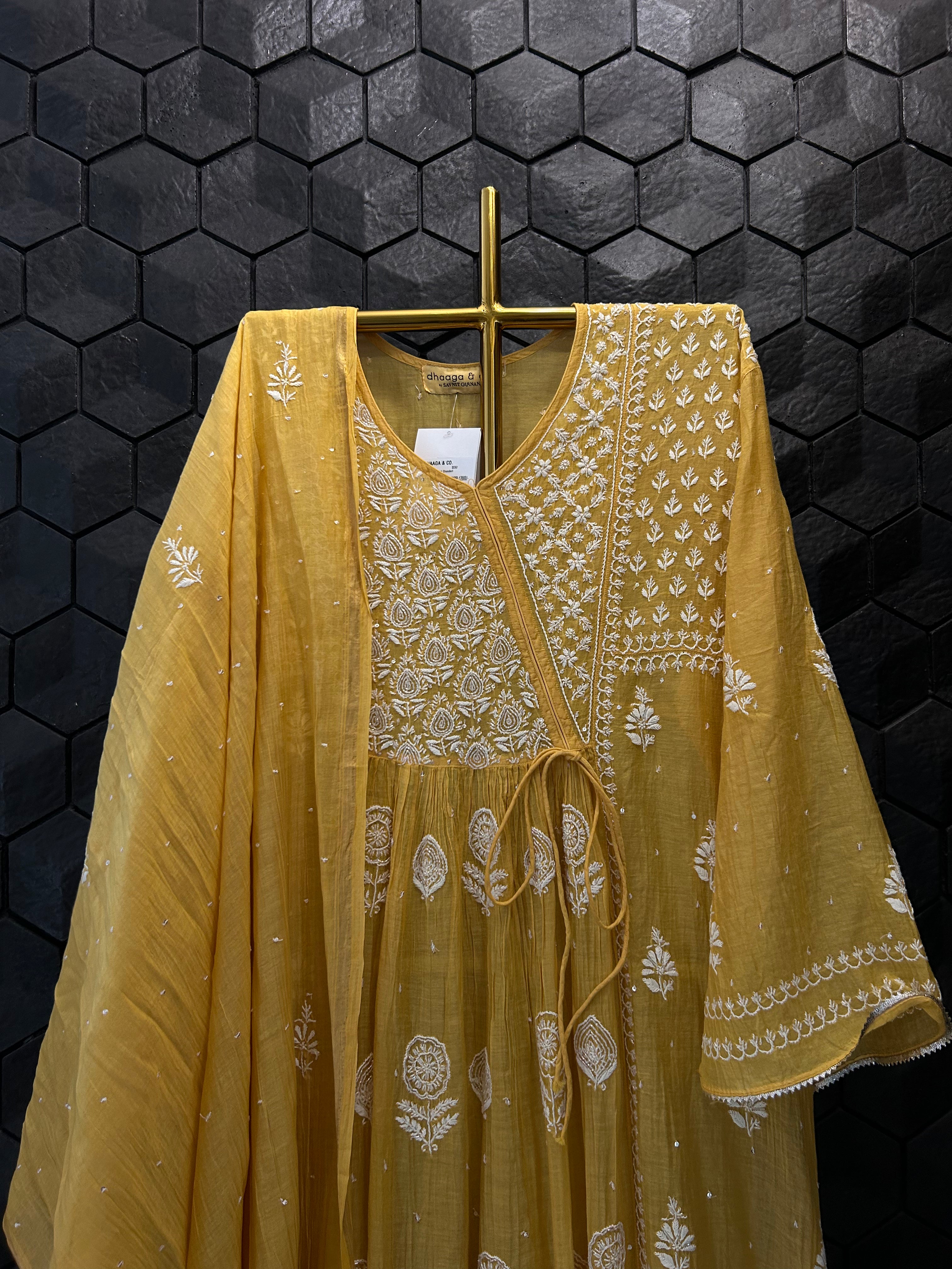 Mustard Mul Chanderi Chikankari Angrakha Kurta Set