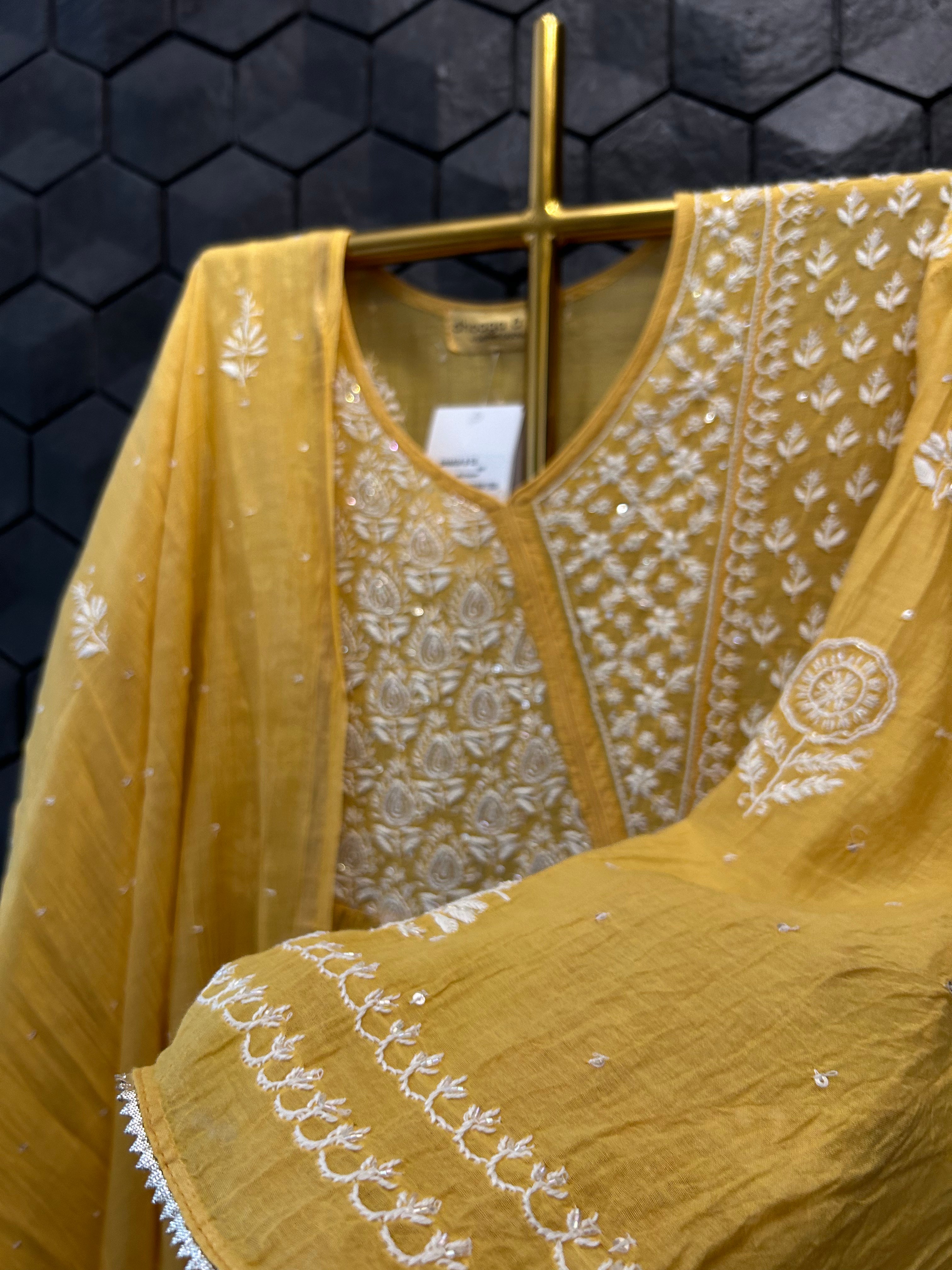 Mustard Mul Chanderi Chikankari Angrakha Kurta Set