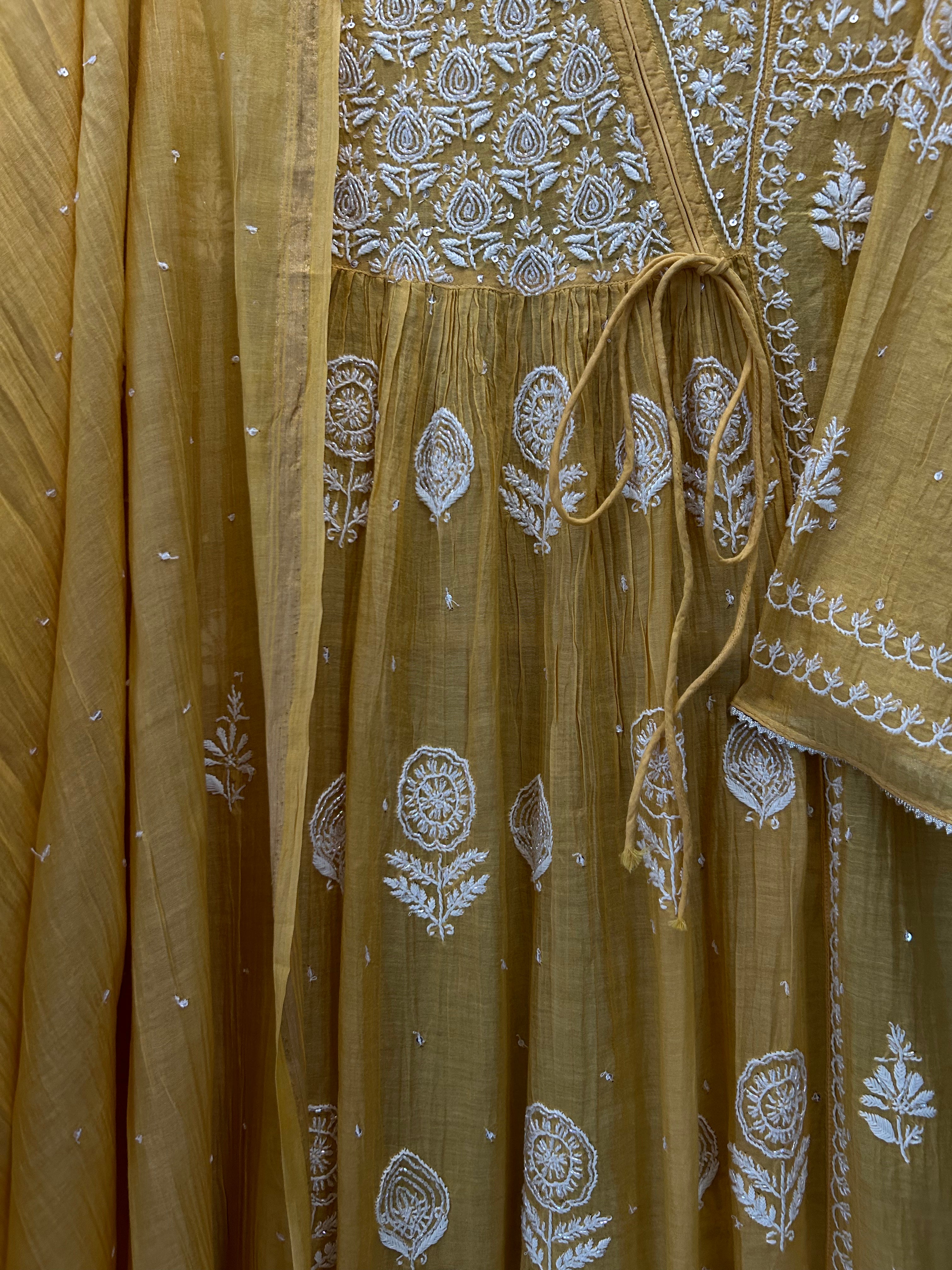 Mustard Mul Chanderi Chikankari Angrakha Kurta Set