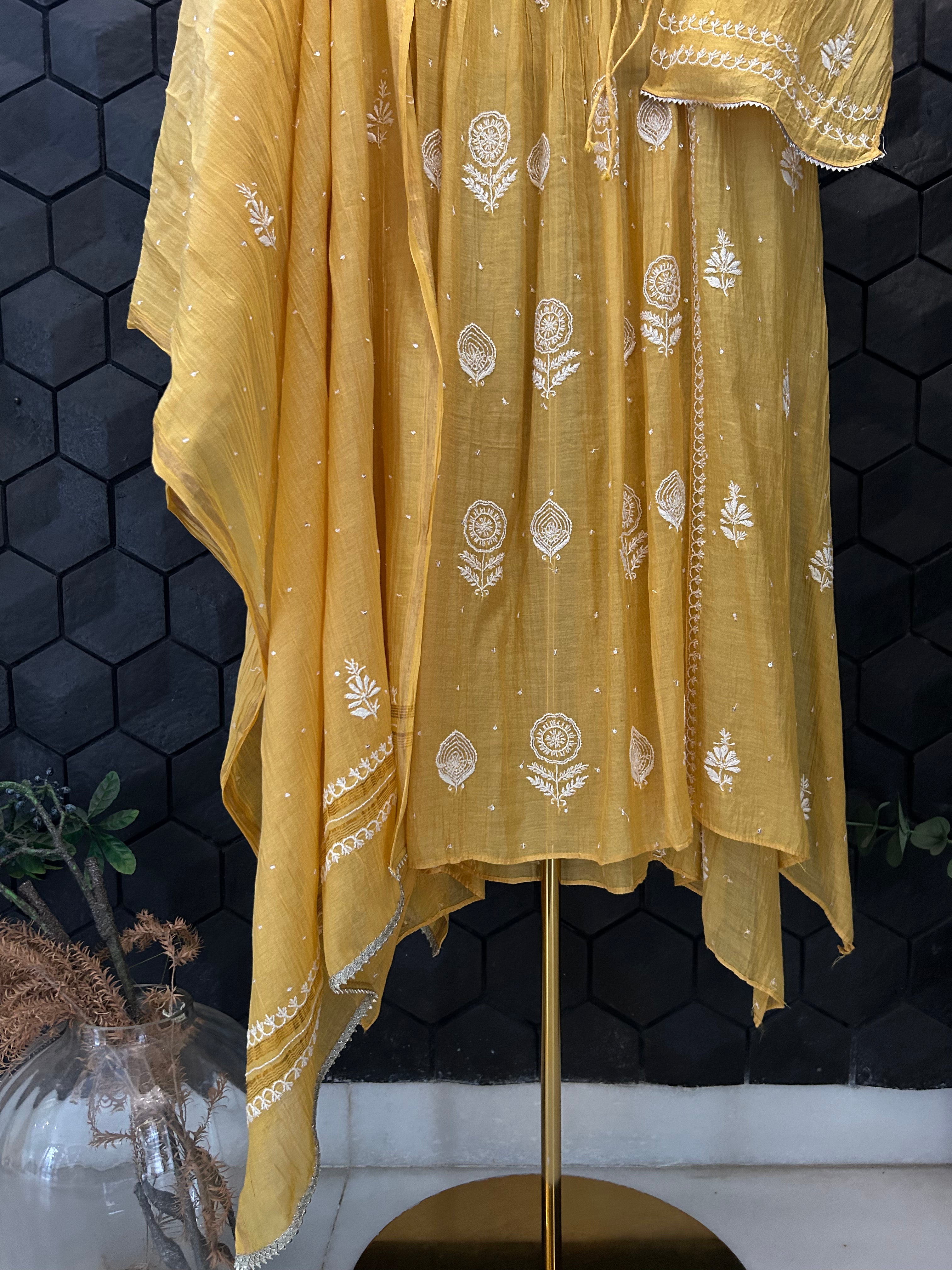 Mustard Mul Chanderi Chikankari Angrakha Kurta Set