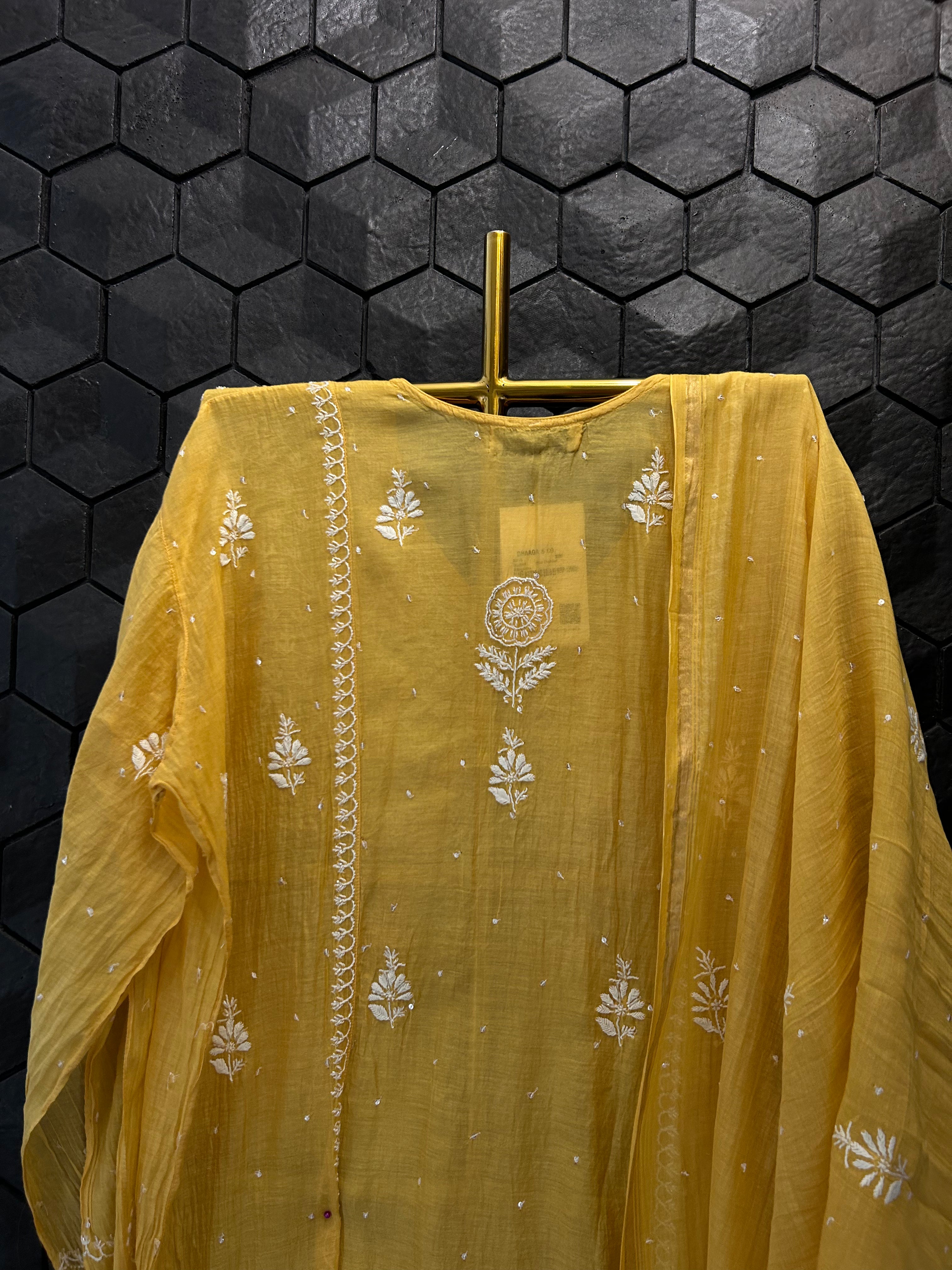 Mustard Mul Chanderi Chikankari Angrakha Kurta Set