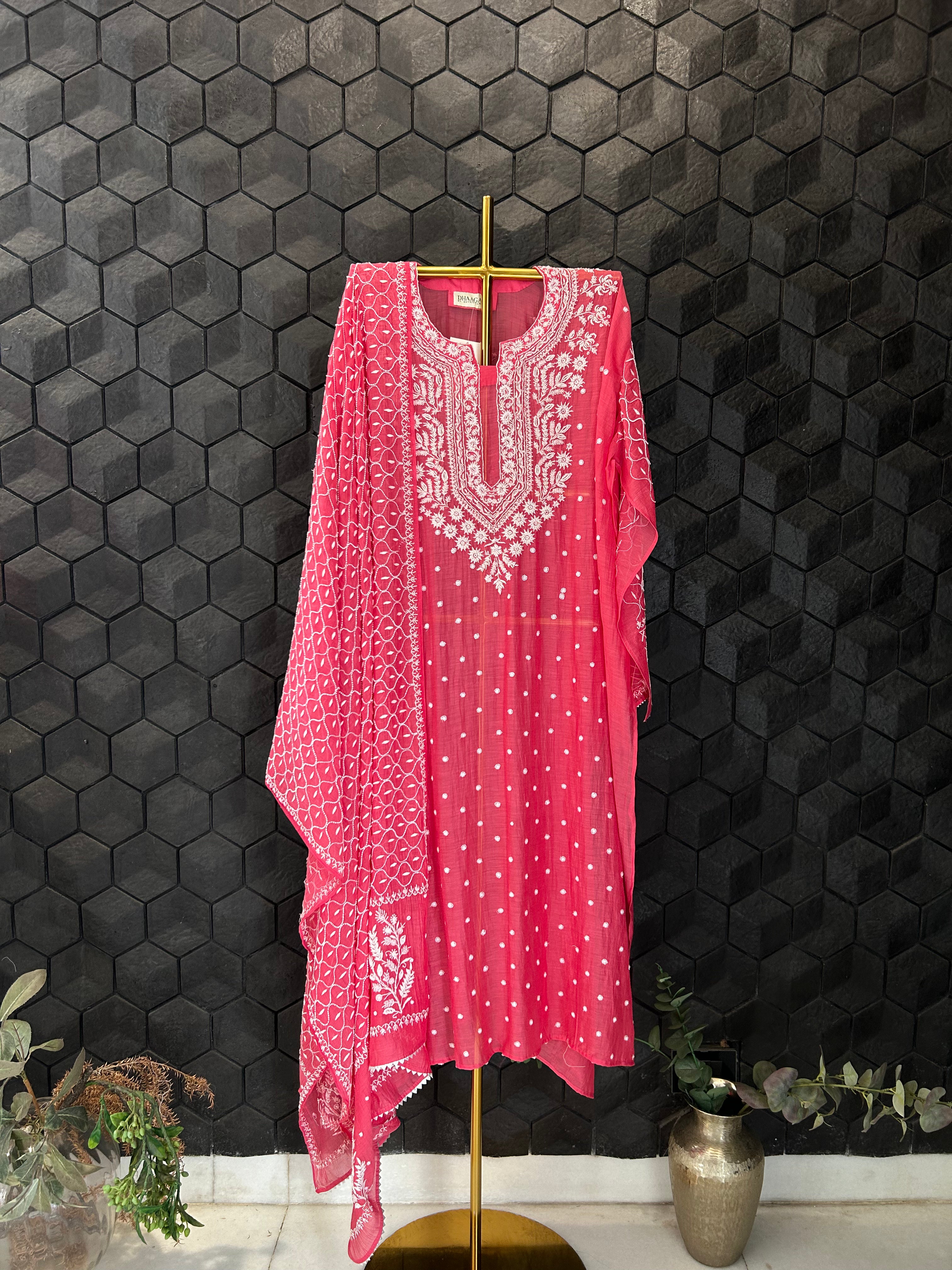 Fuschia Mul Chanderi Chikankari Kurta Set
