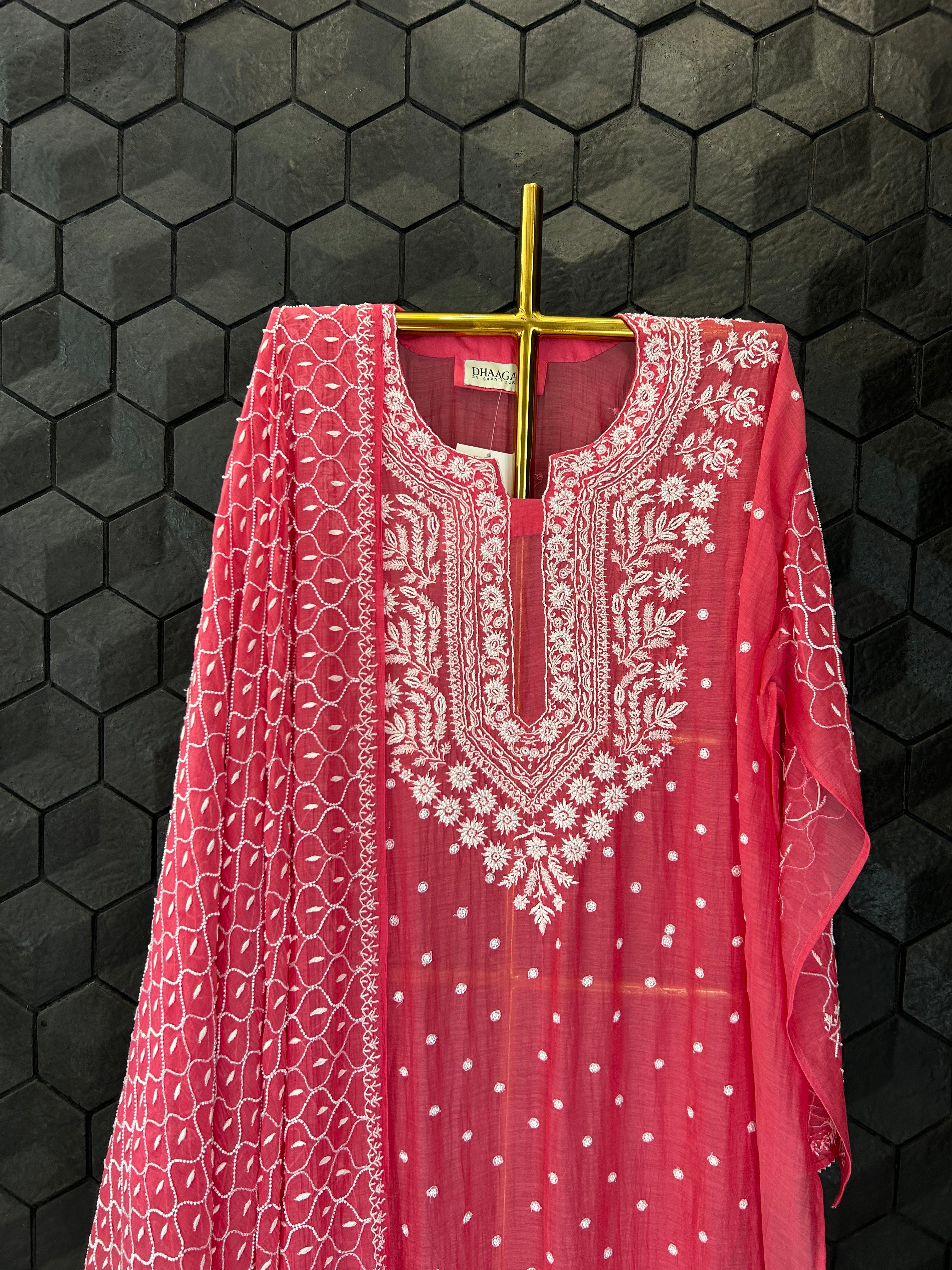 Fuschia Mul Chanderi Chikankari Kurta Set