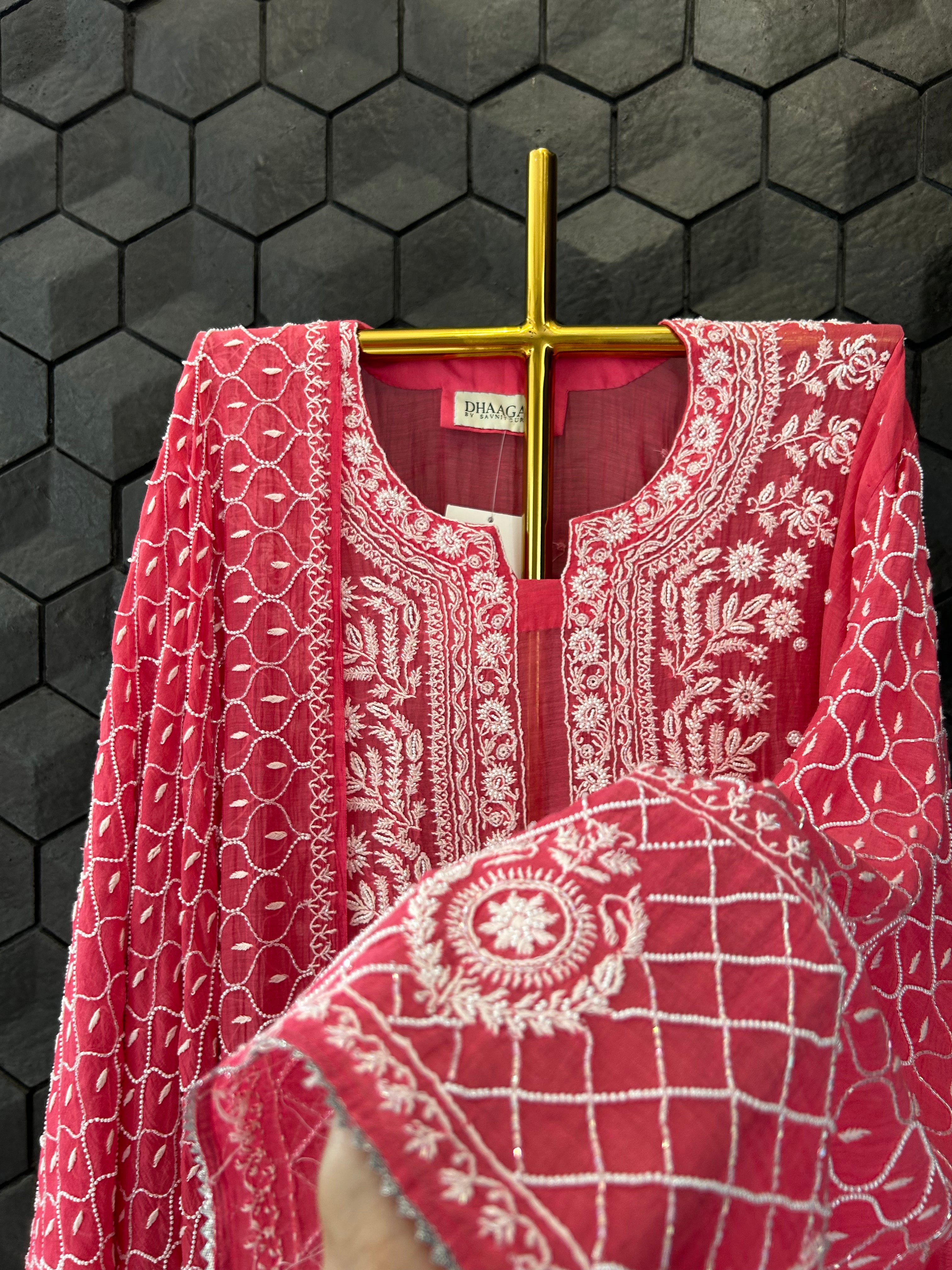 Fuschia Mul Chanderi Chikankari Kurta Set