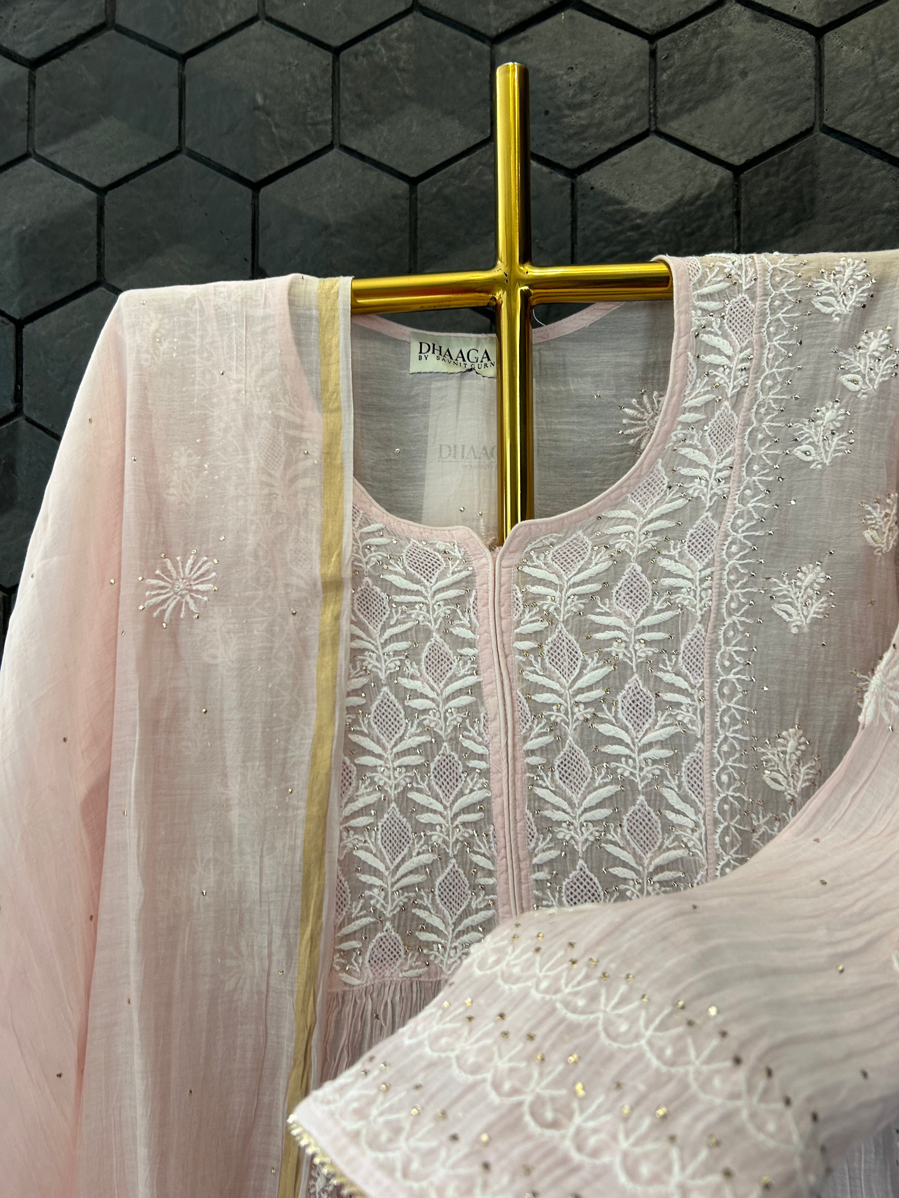 Pink Mul Chanderi Chikankari Garara Set