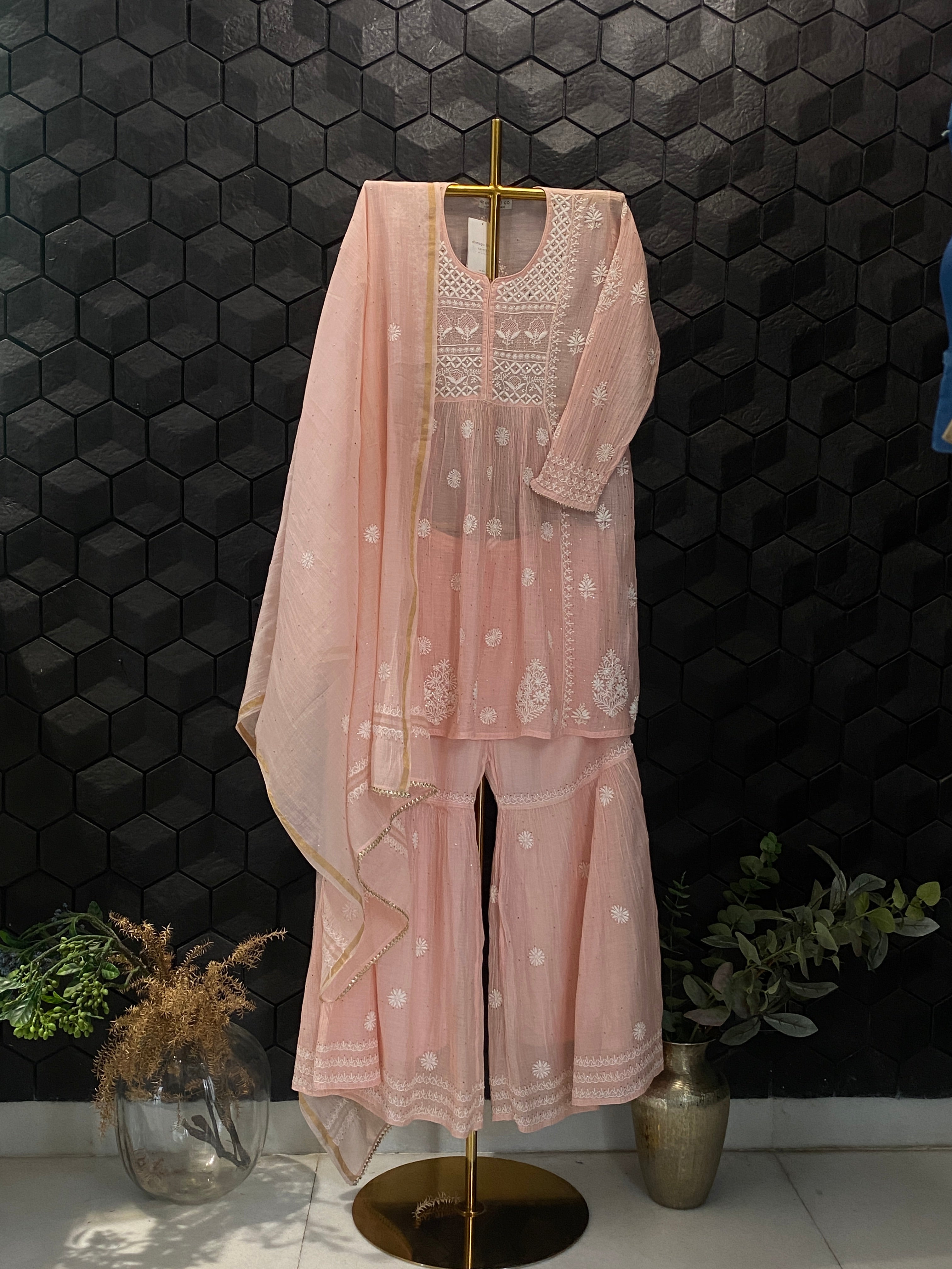 Pink Mul Chanderi Chikankari Sharara Set