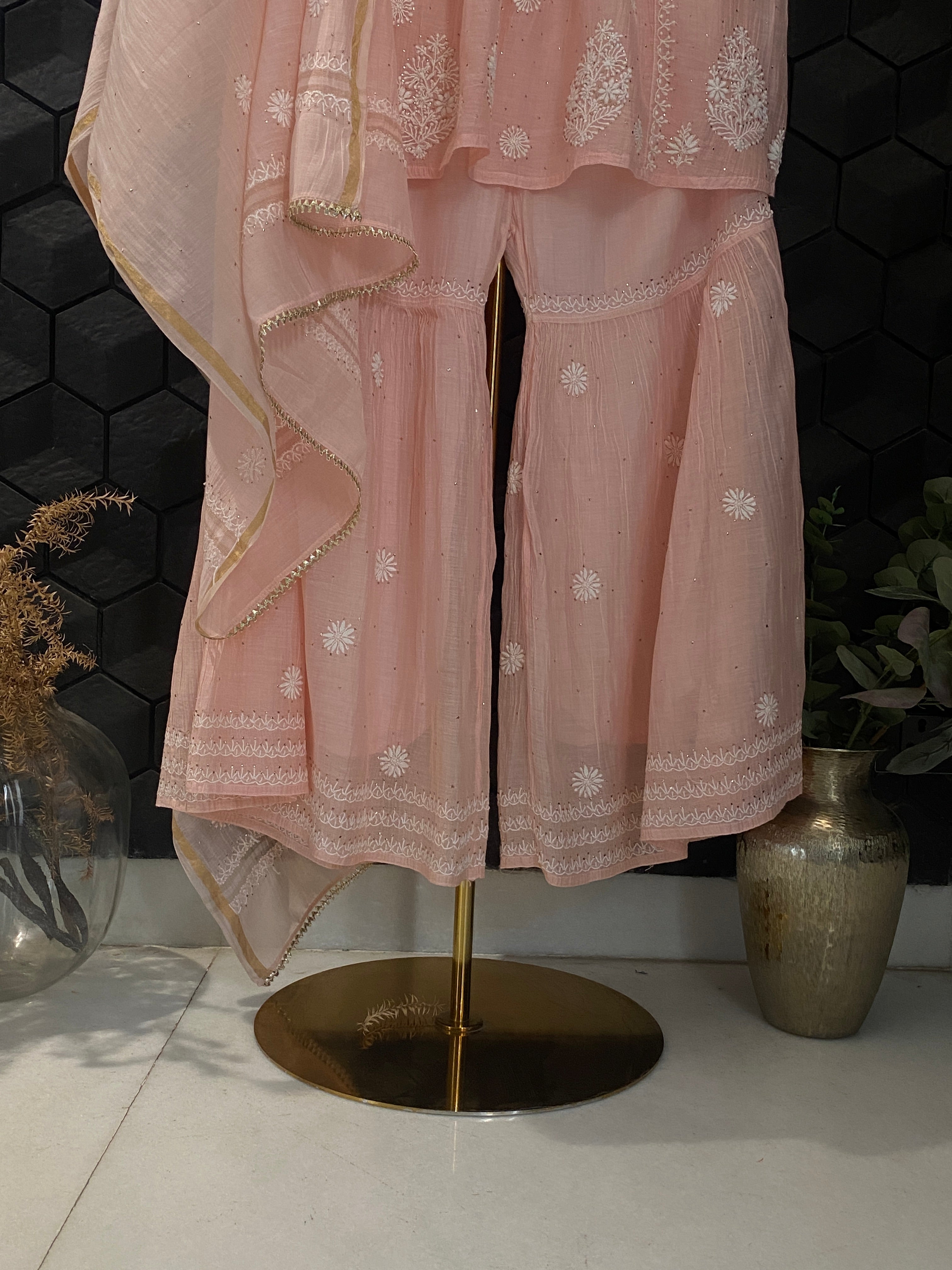 Pink Mul Chanderi Chikankari Sharara Set