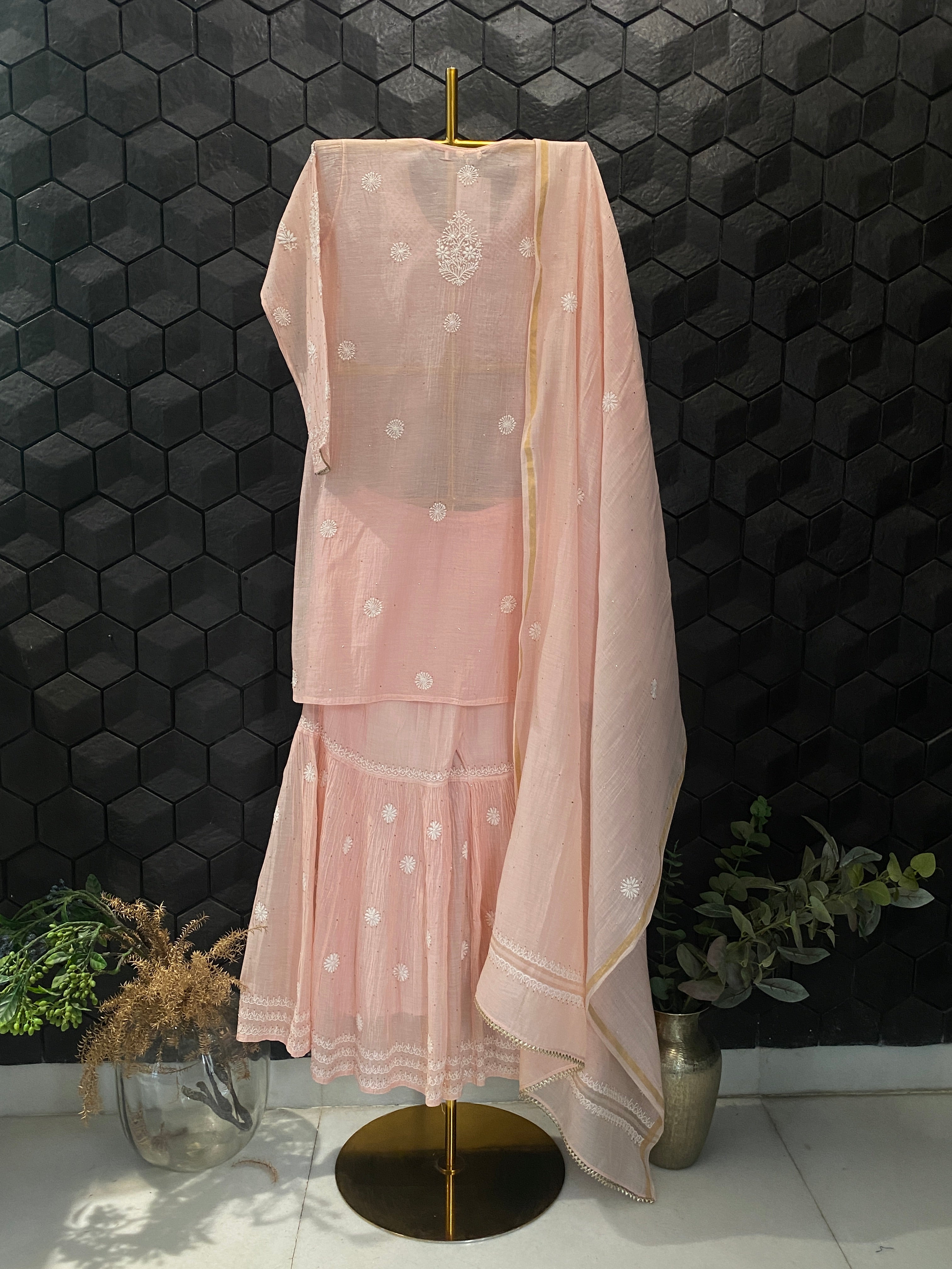 Pink Mul Chanderi Chikankari Sharara Set