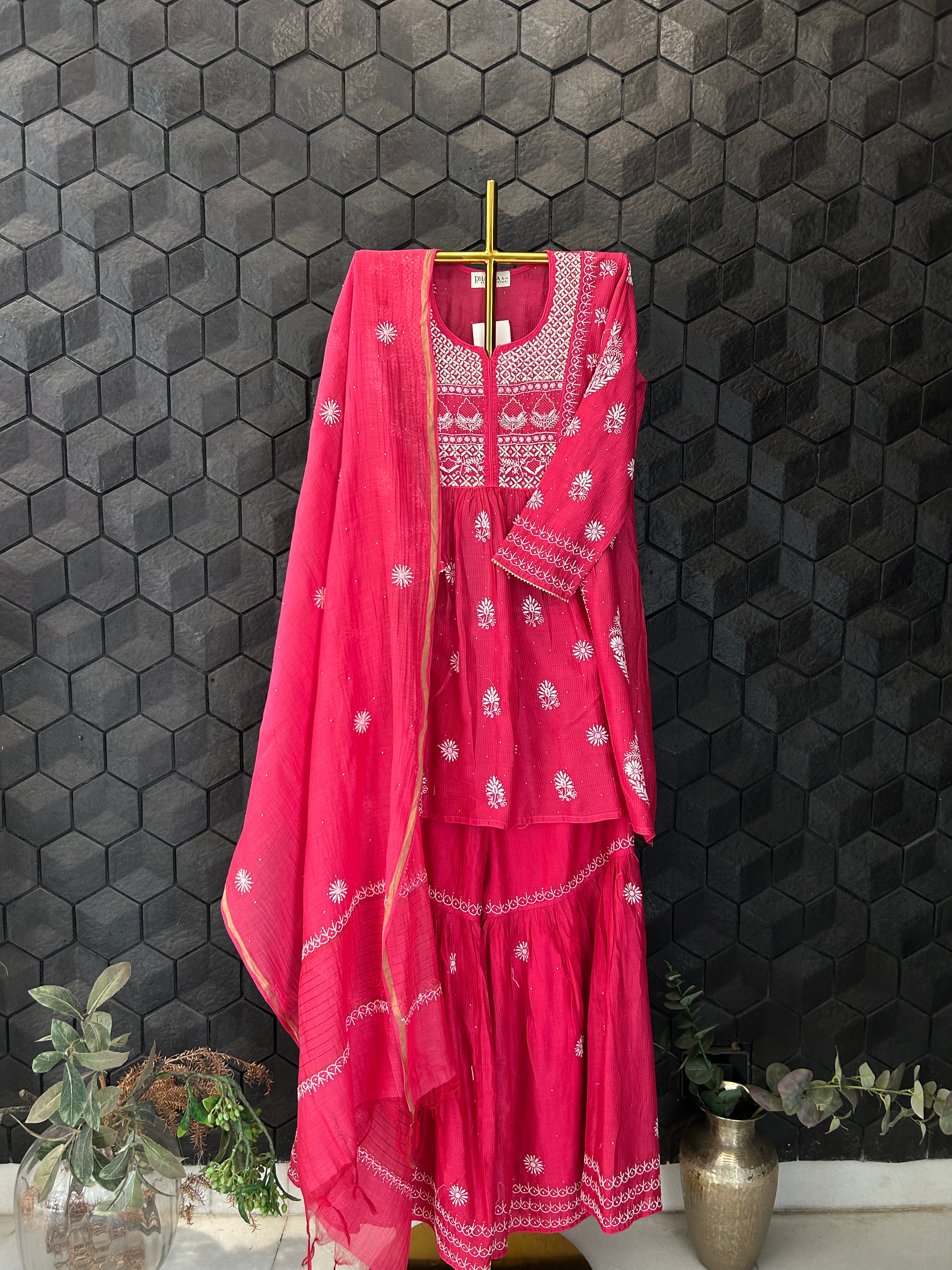 Fuschia Kota Chikankari Garara Set