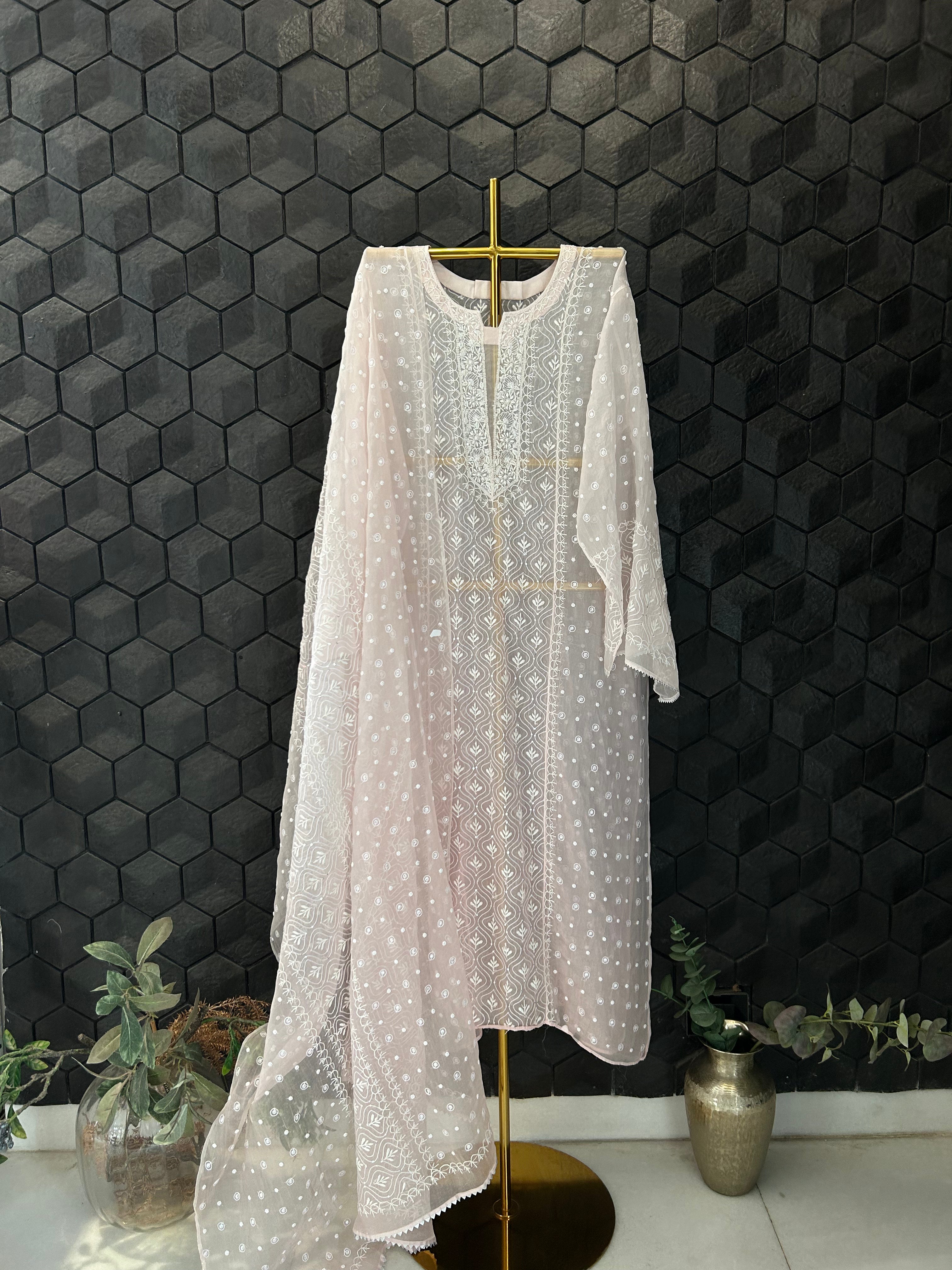 Pink Organza Chikankari Kurta Set