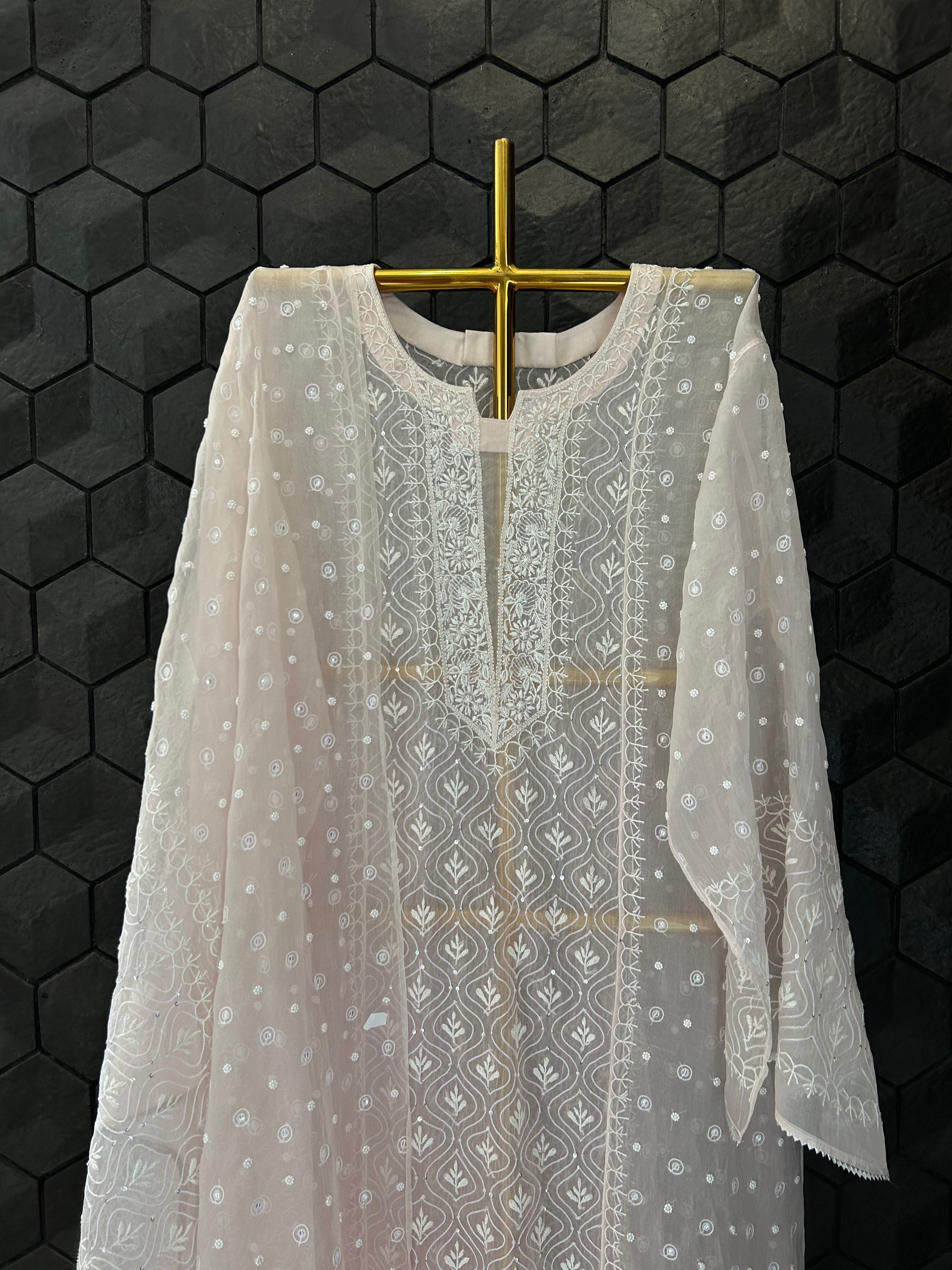 Pink Organza Chikankari Kurta Set