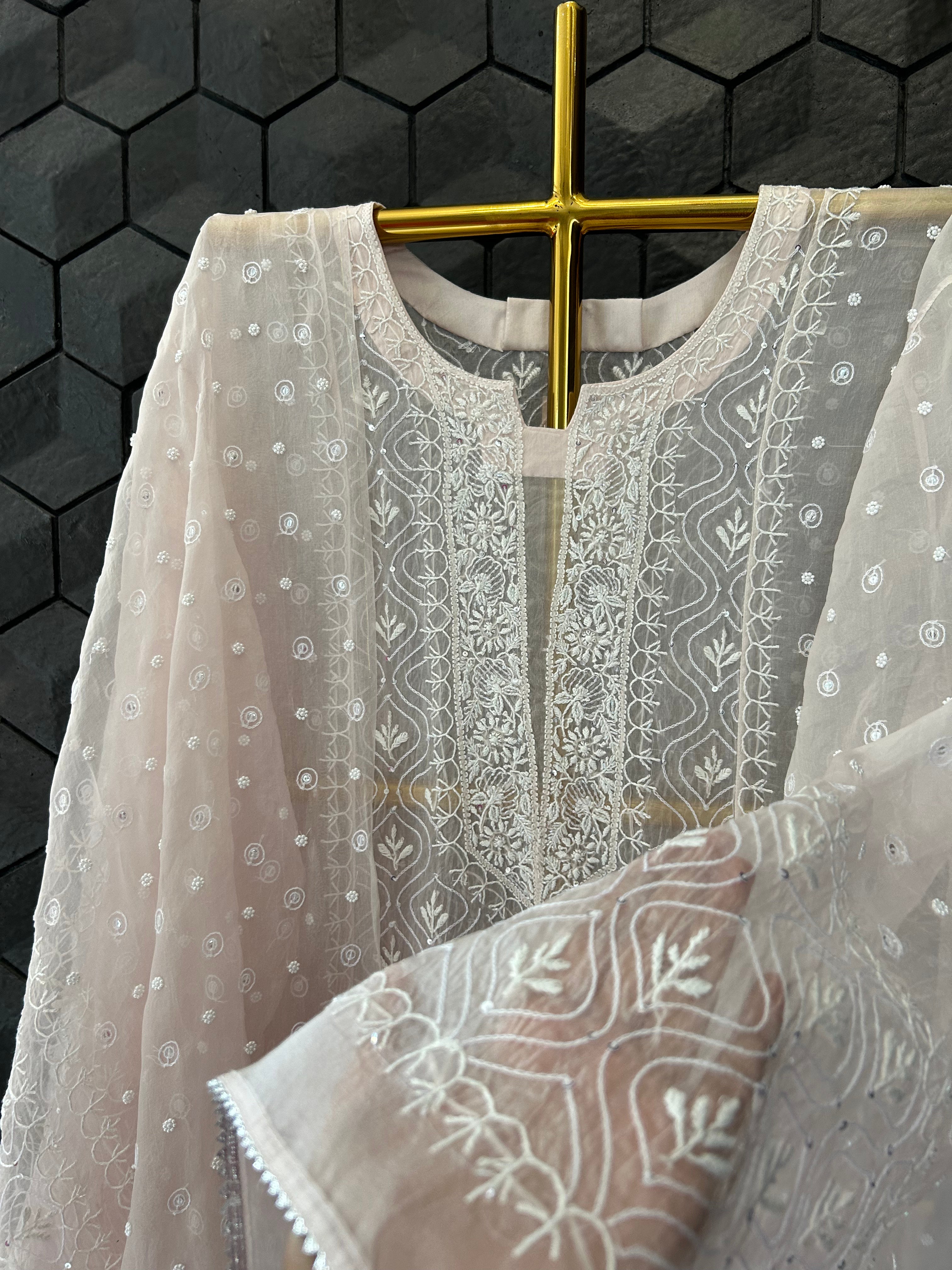 Pink Organza Chikankari Kurta Set