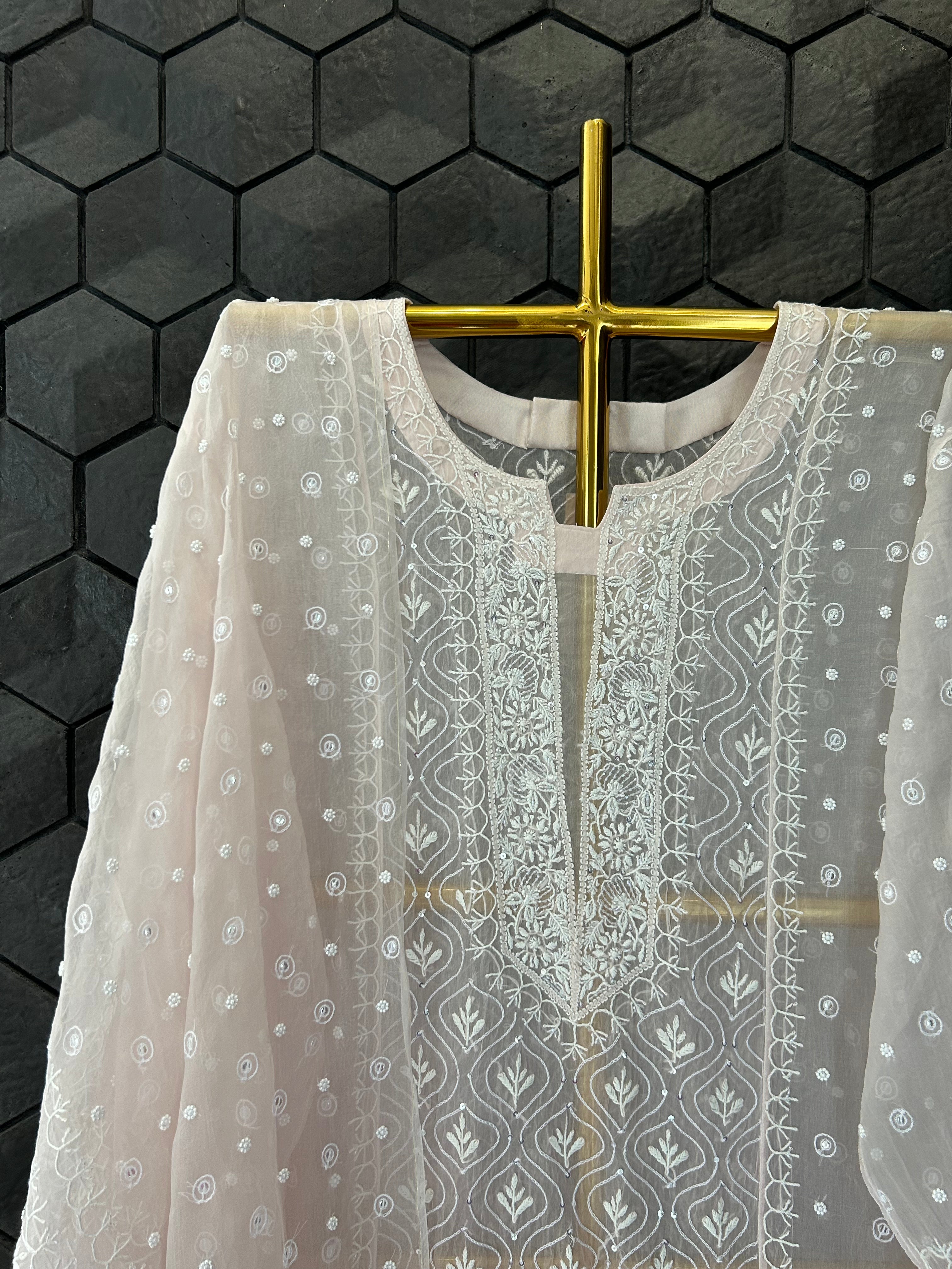 Pink Organza Chikankari Kurta Set