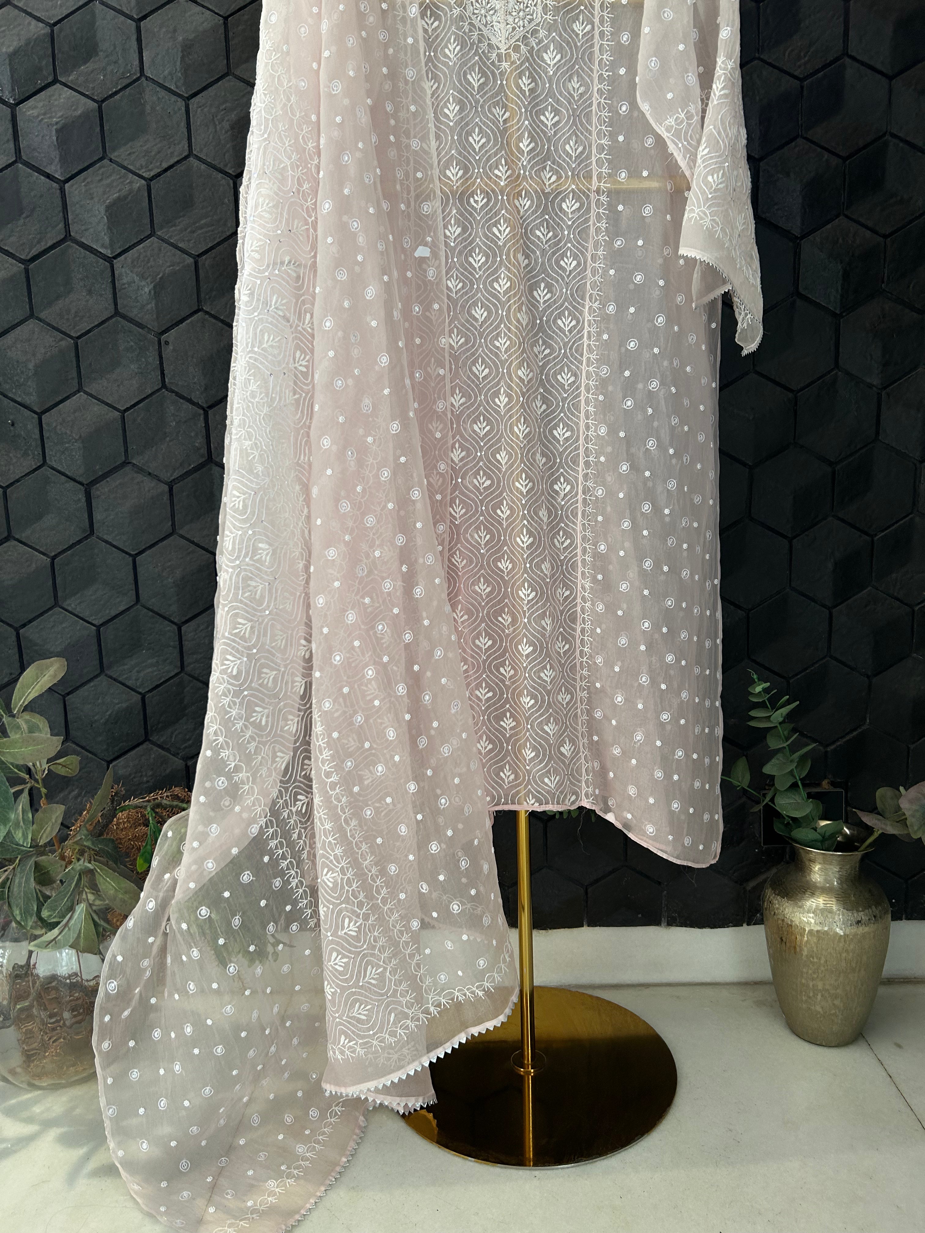 Pink Organza Chikankari Kurta Set