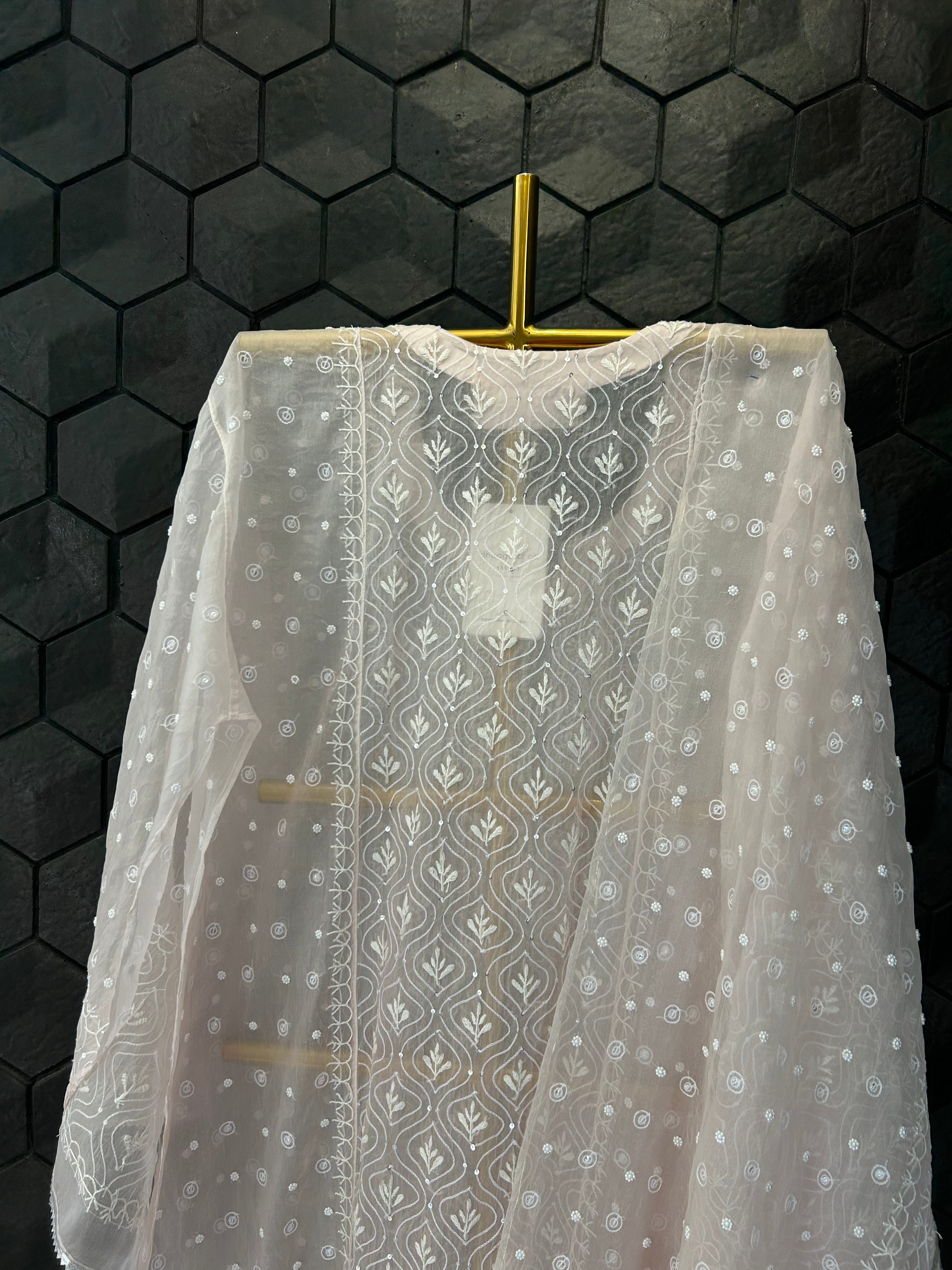 Pink Organza Chikankari Kurta Set