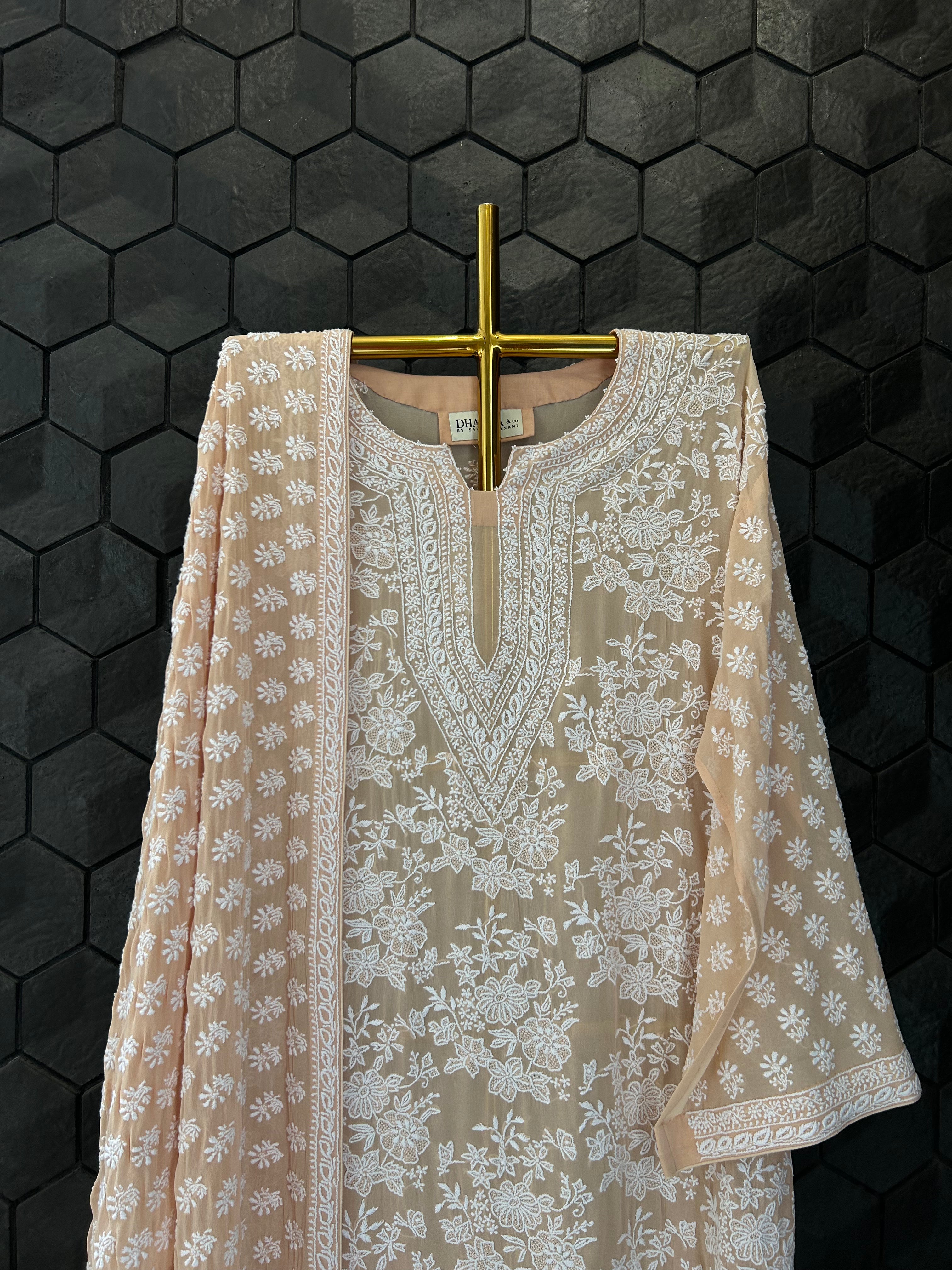 Peach Georgette Chikankari Kurta Set