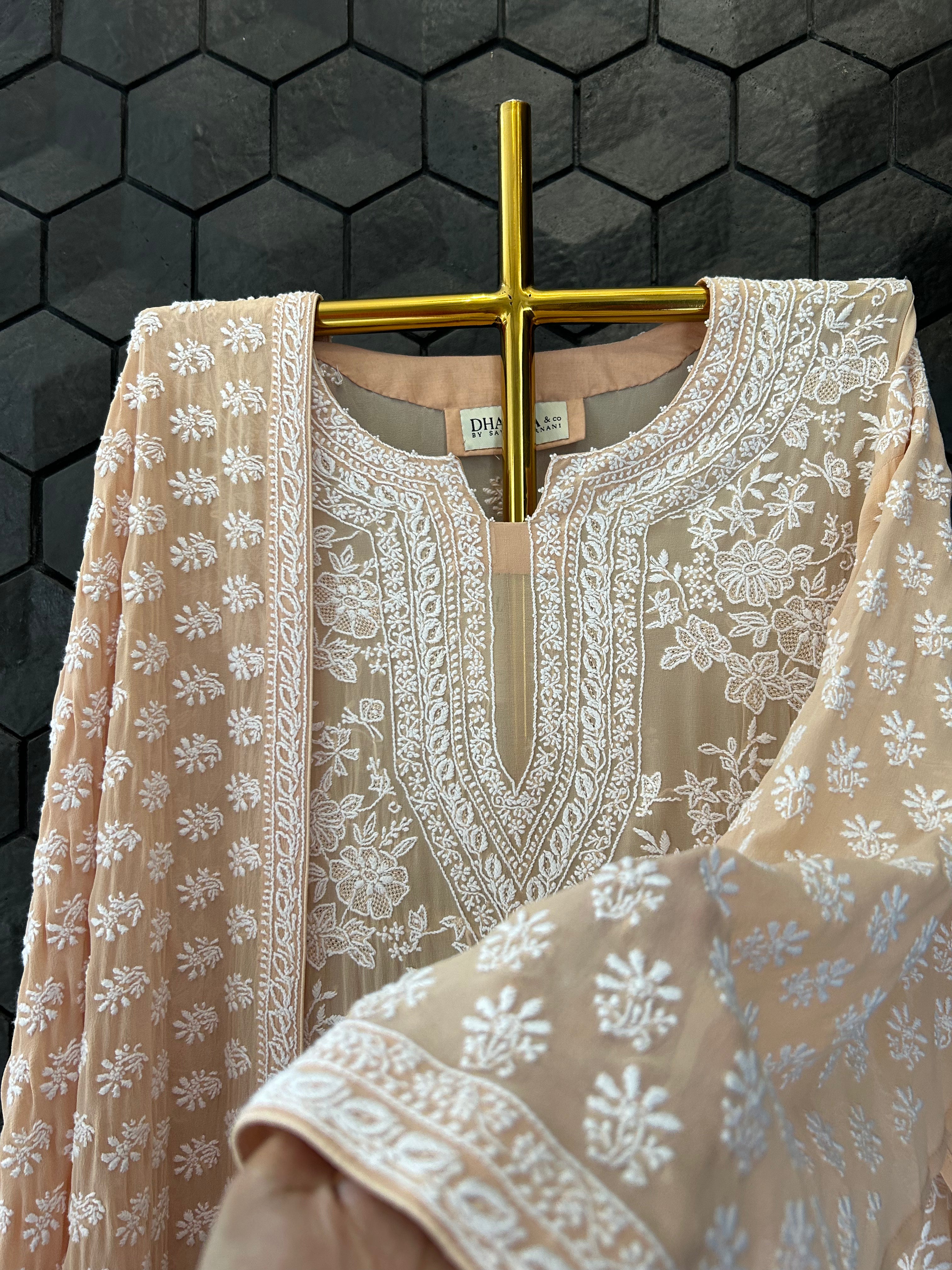 Peach Georgette Chikankari Kurta Set
