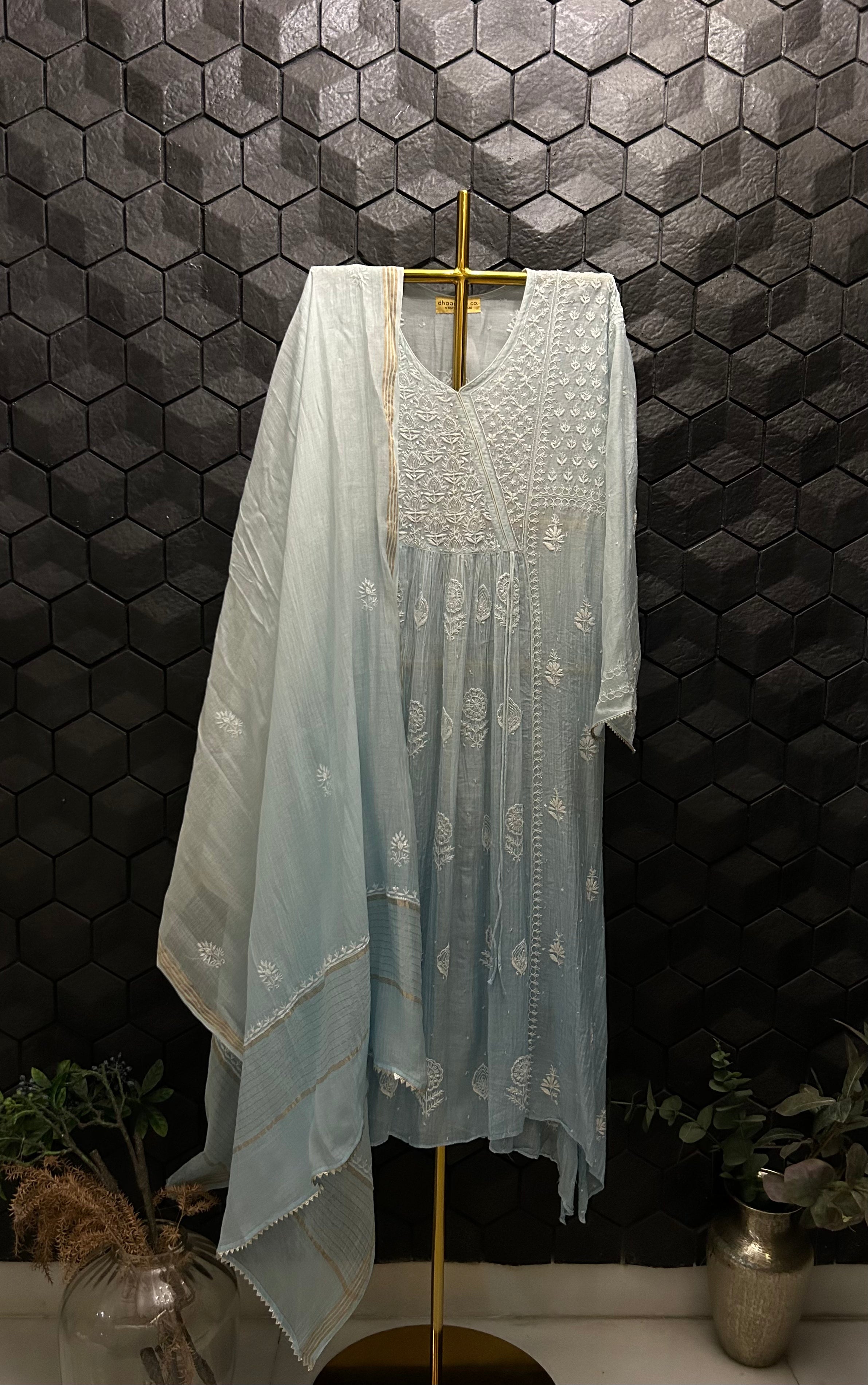 Sky Blue Mul Chanderi Chikankari Angrakha Kurta Set