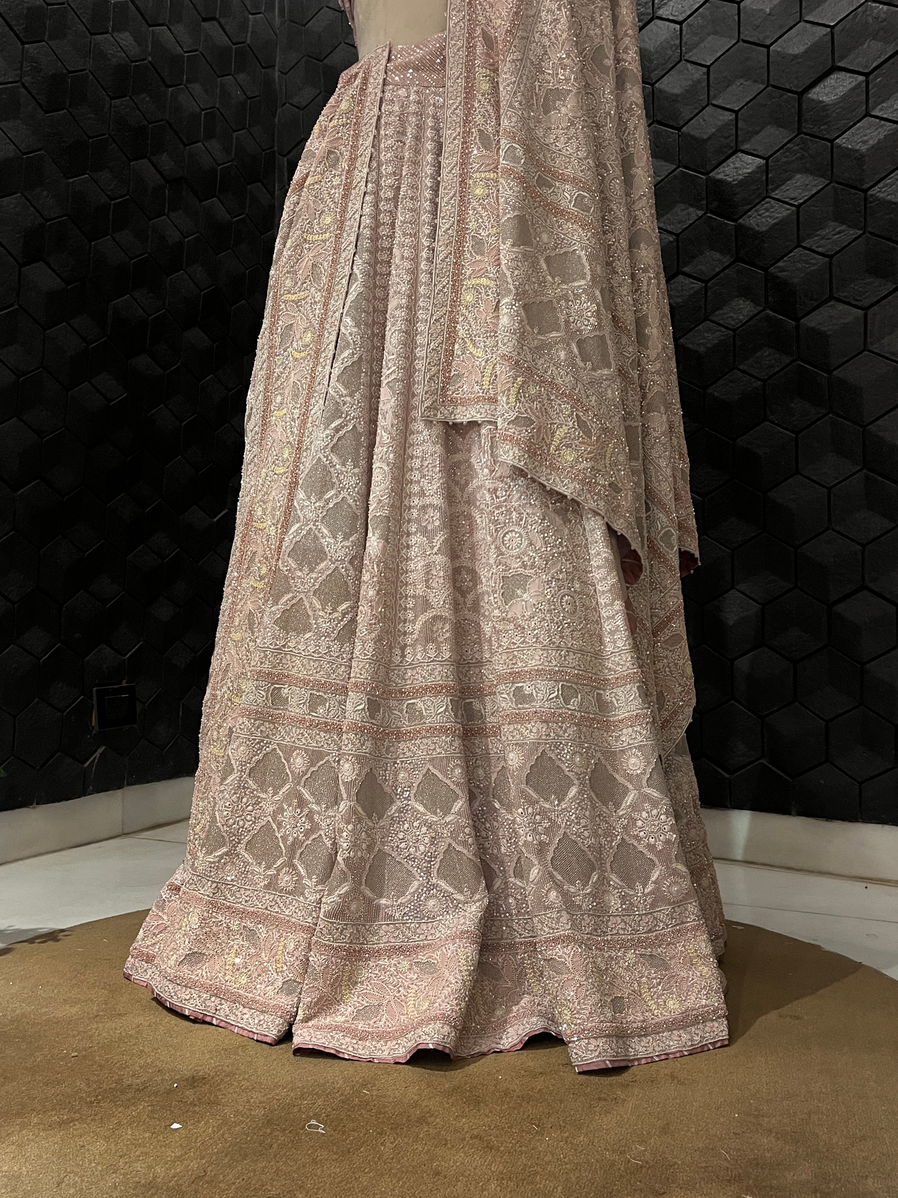 Onion Pink Georgette Kasab Jaali Pearl Work chikankari lehenga set