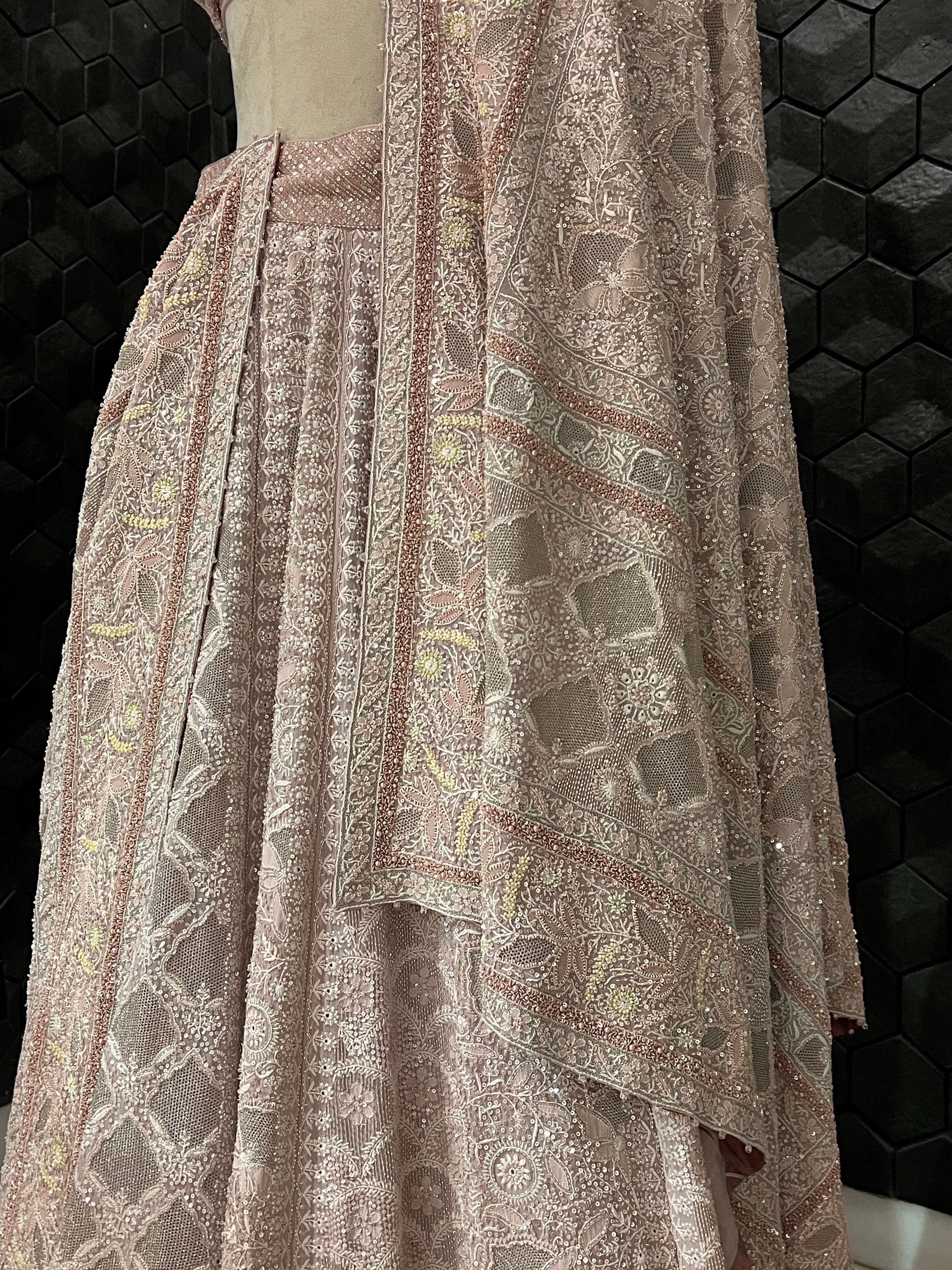 Onion Pink Georgette Kasab Jaali Pearl Work chikankari lehenga set