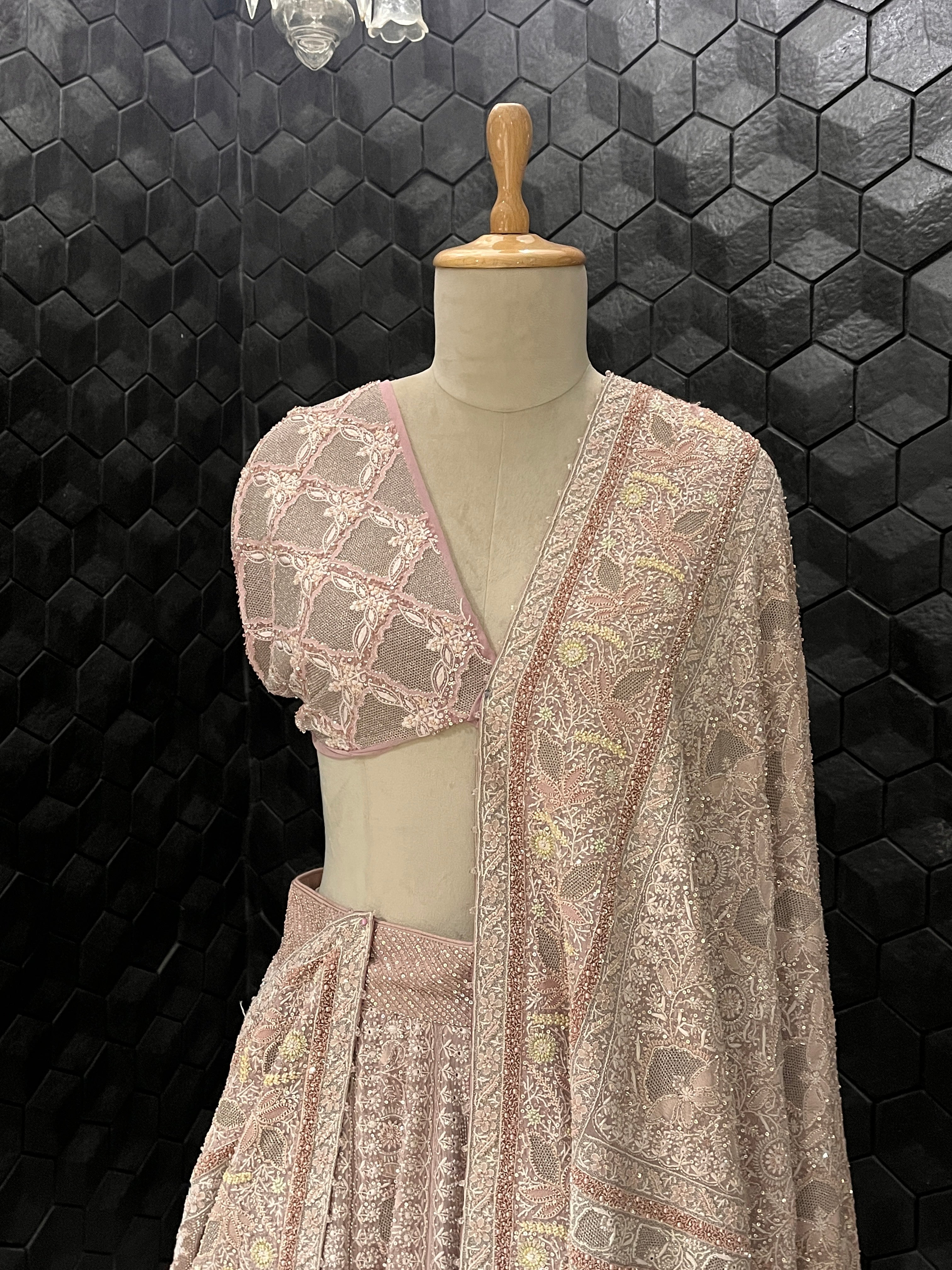 Onion Pink Georgette Kasab Jaali Pearl Work chikankari lehenga set