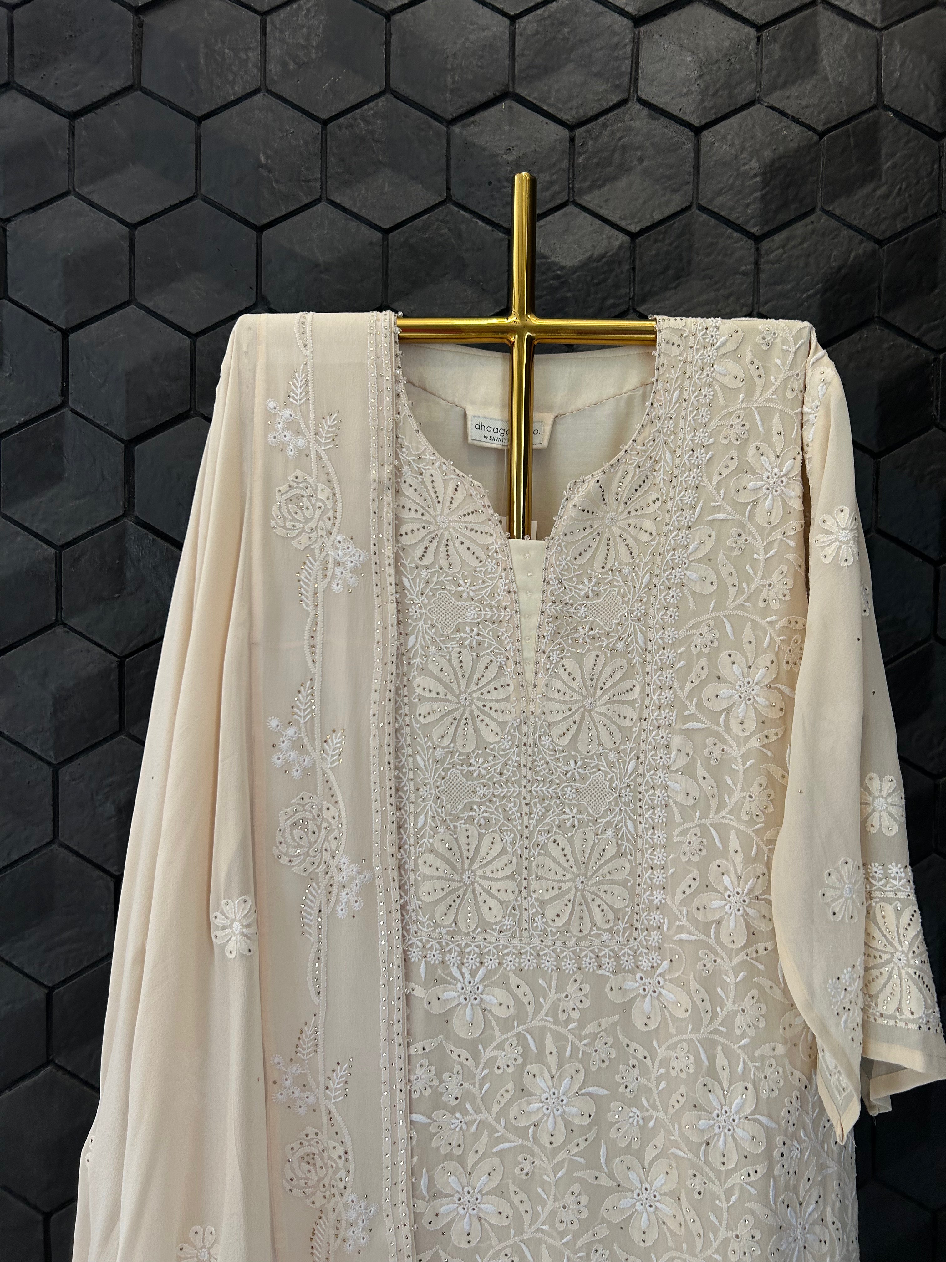 Peach Georgette Chikankari Mukaish Kurta Set