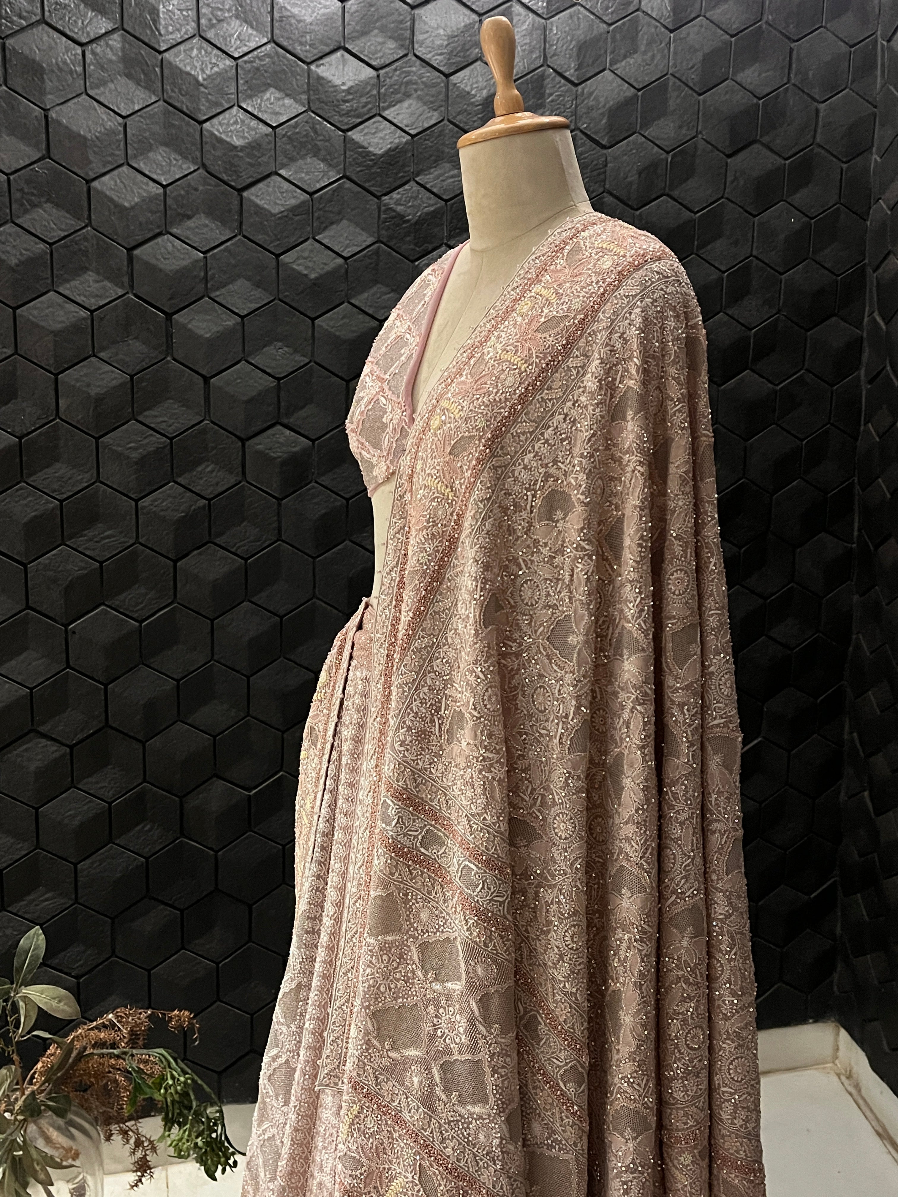Onion Pink Georgette Kasab Jaali Pearl Work chikankari lehenga set