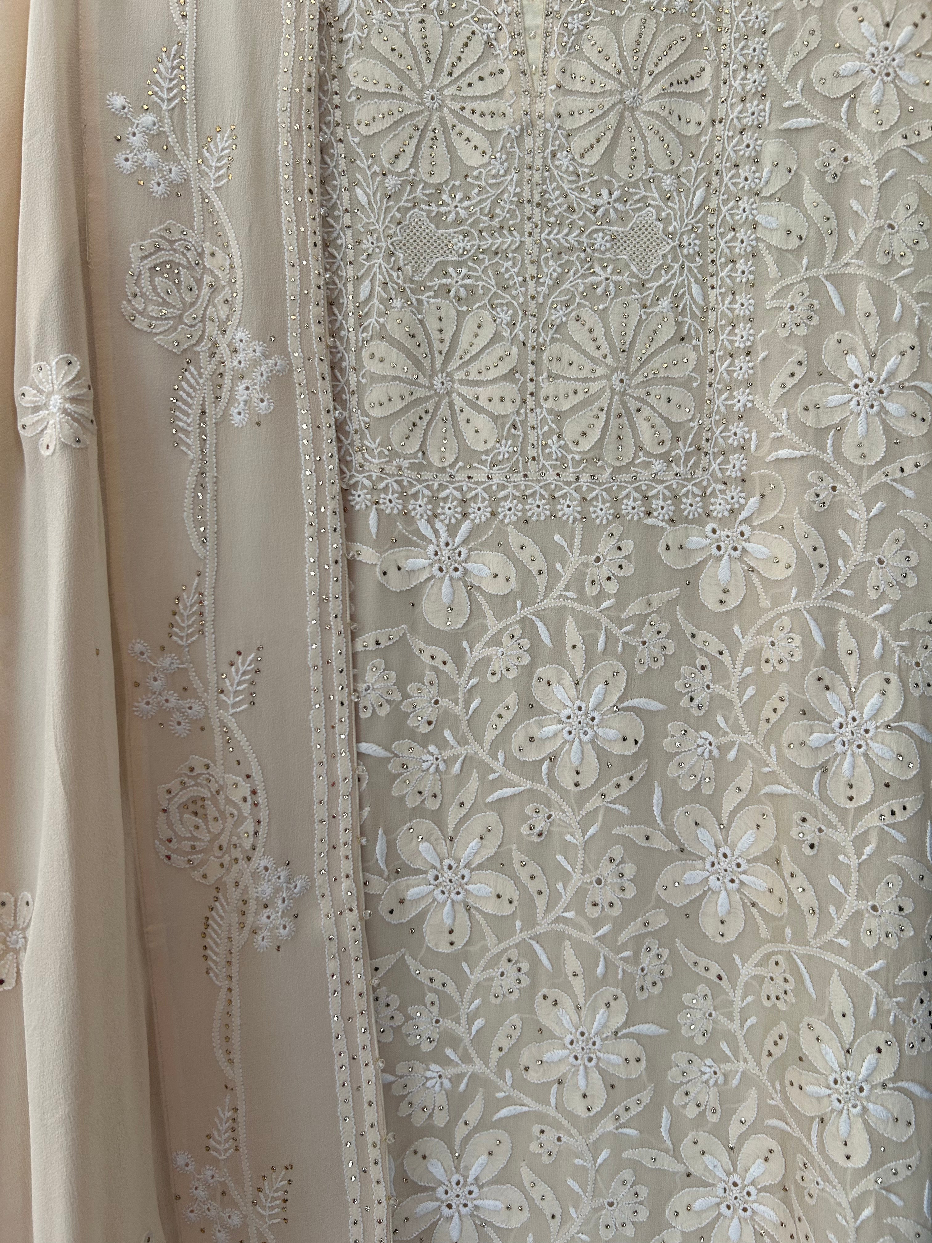 Peach Georgette Chikankari Mukaish Kurta Set