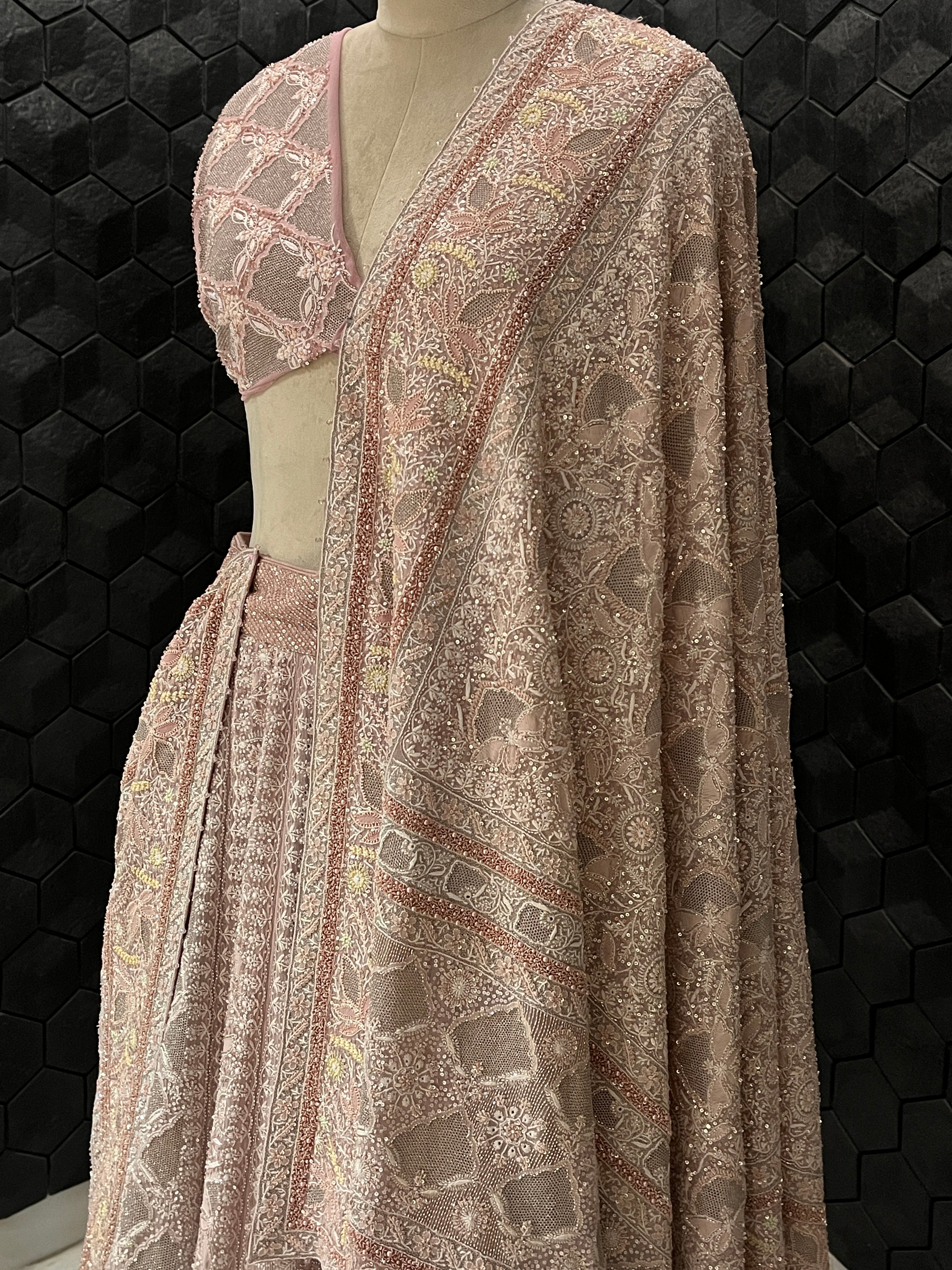 Onion Pink Georgette Kasab Jaali Pearl Work chikankari lehenga set
