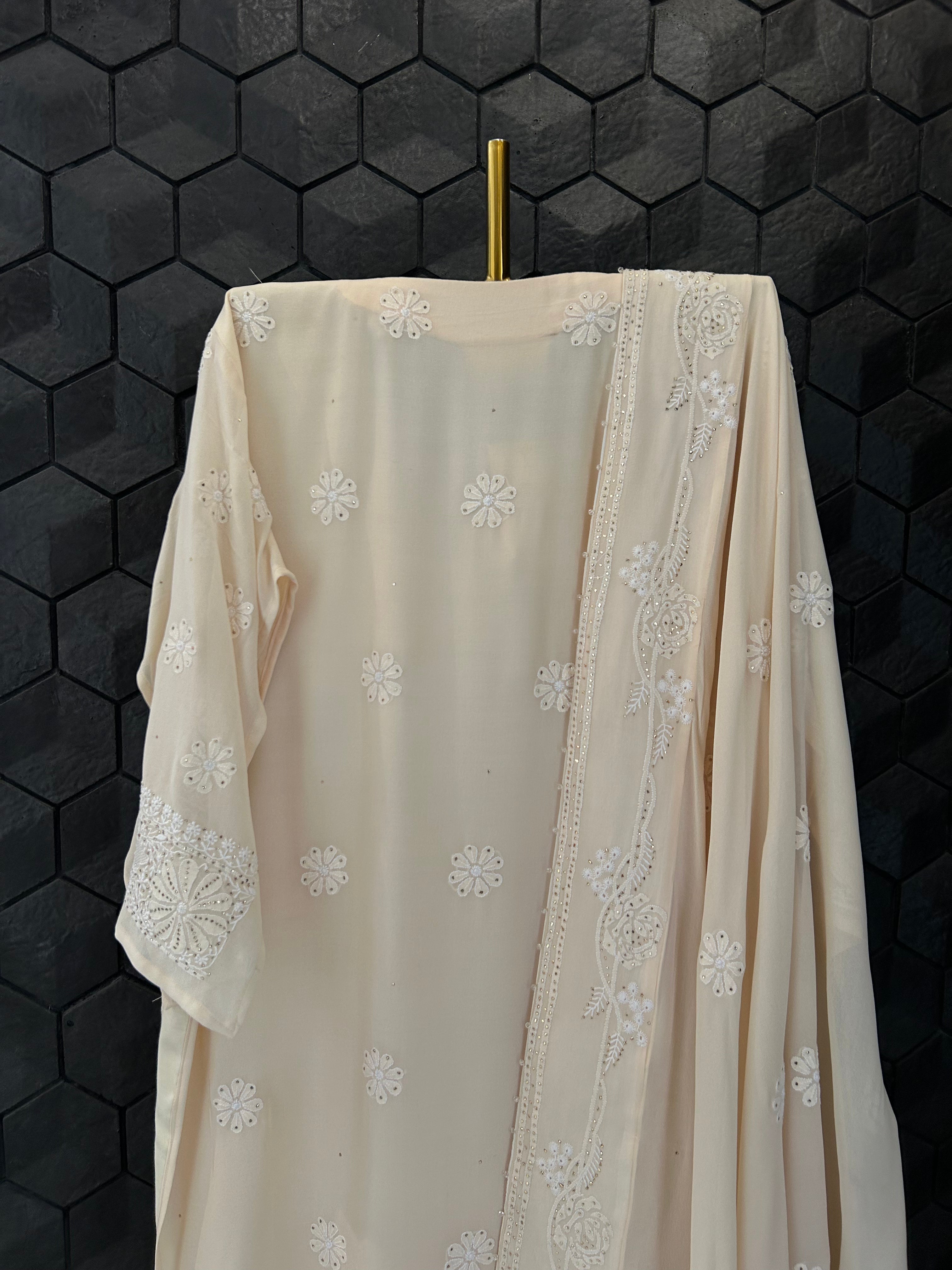 Peach Georgette Chikankari Mukaish Kurta Set