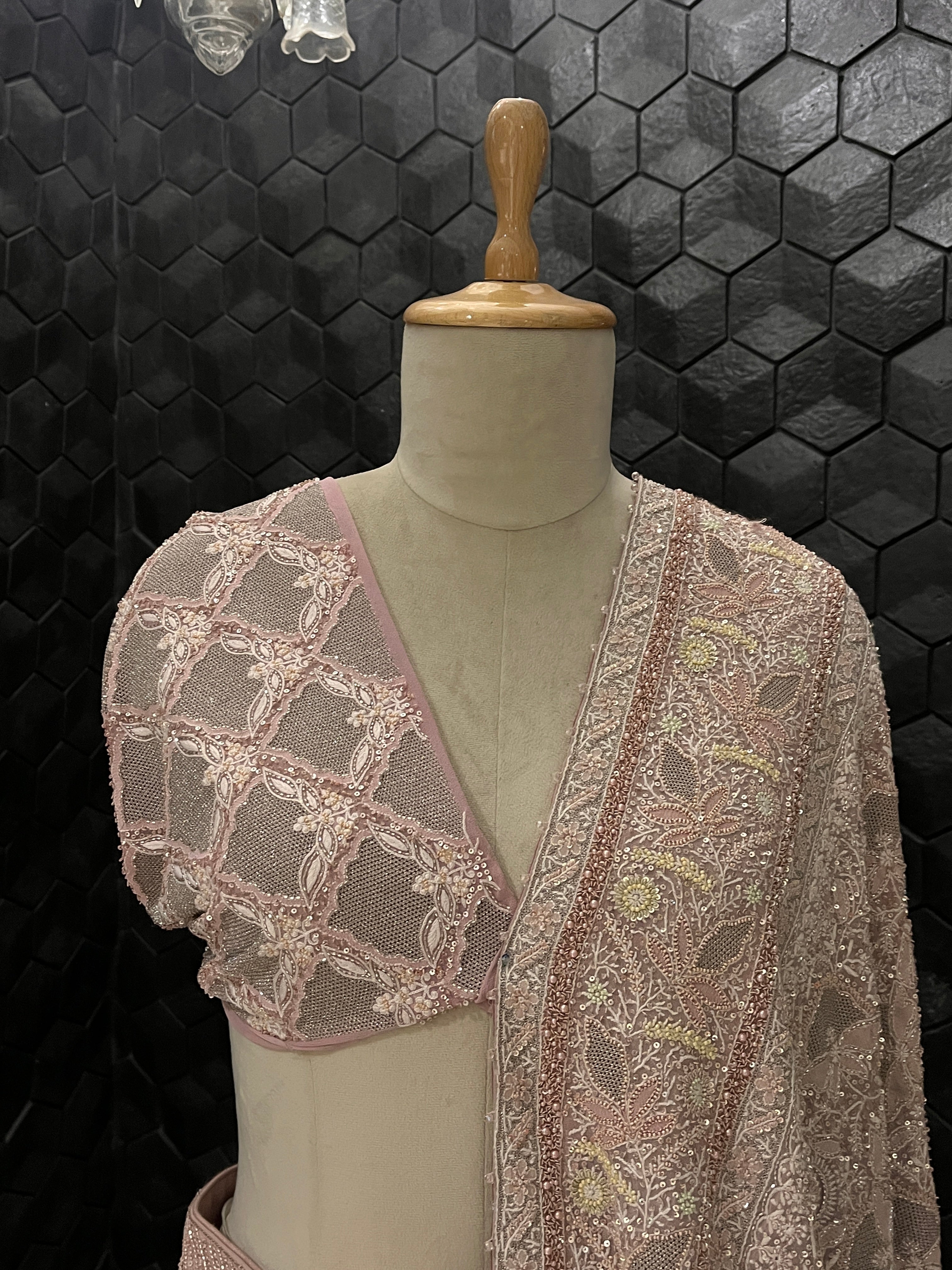 Onion Pink Georgette Kasab Jaali Pearl Work chikankari lehenga set