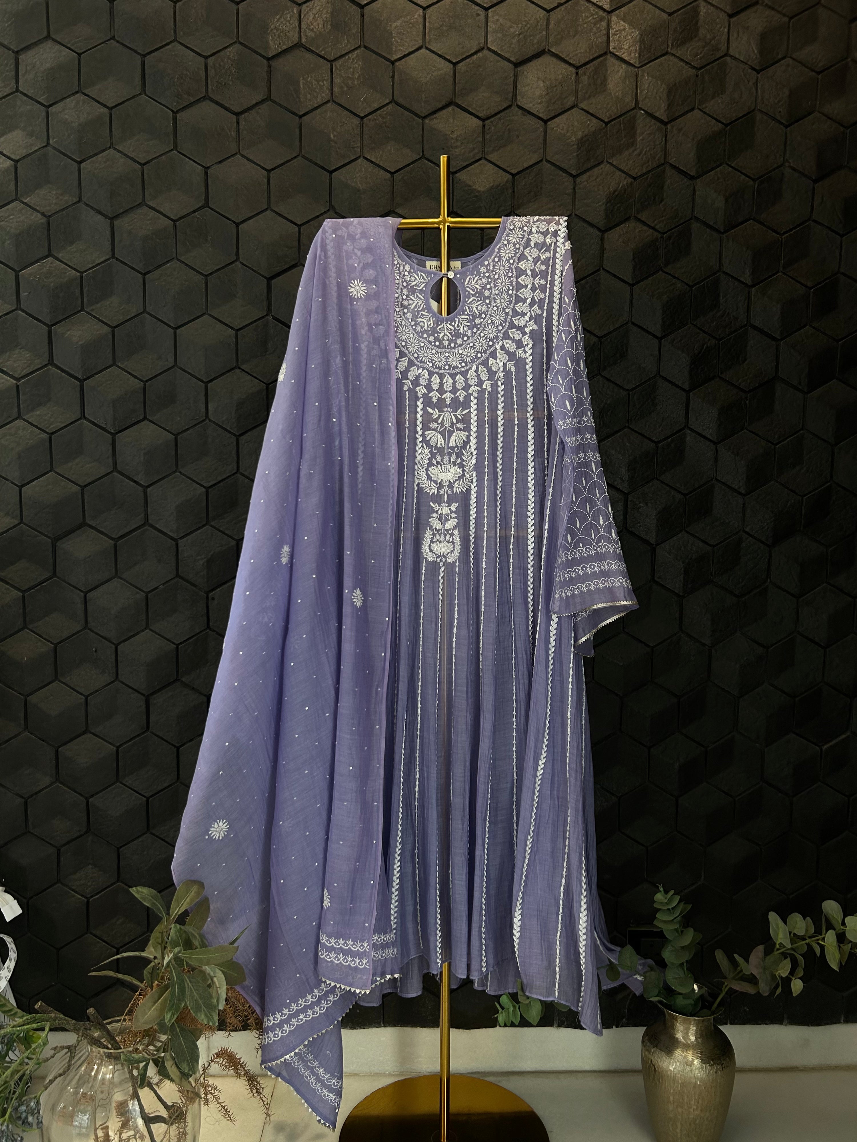 Purple Mul Chanderi Chikankari Anarkali Set