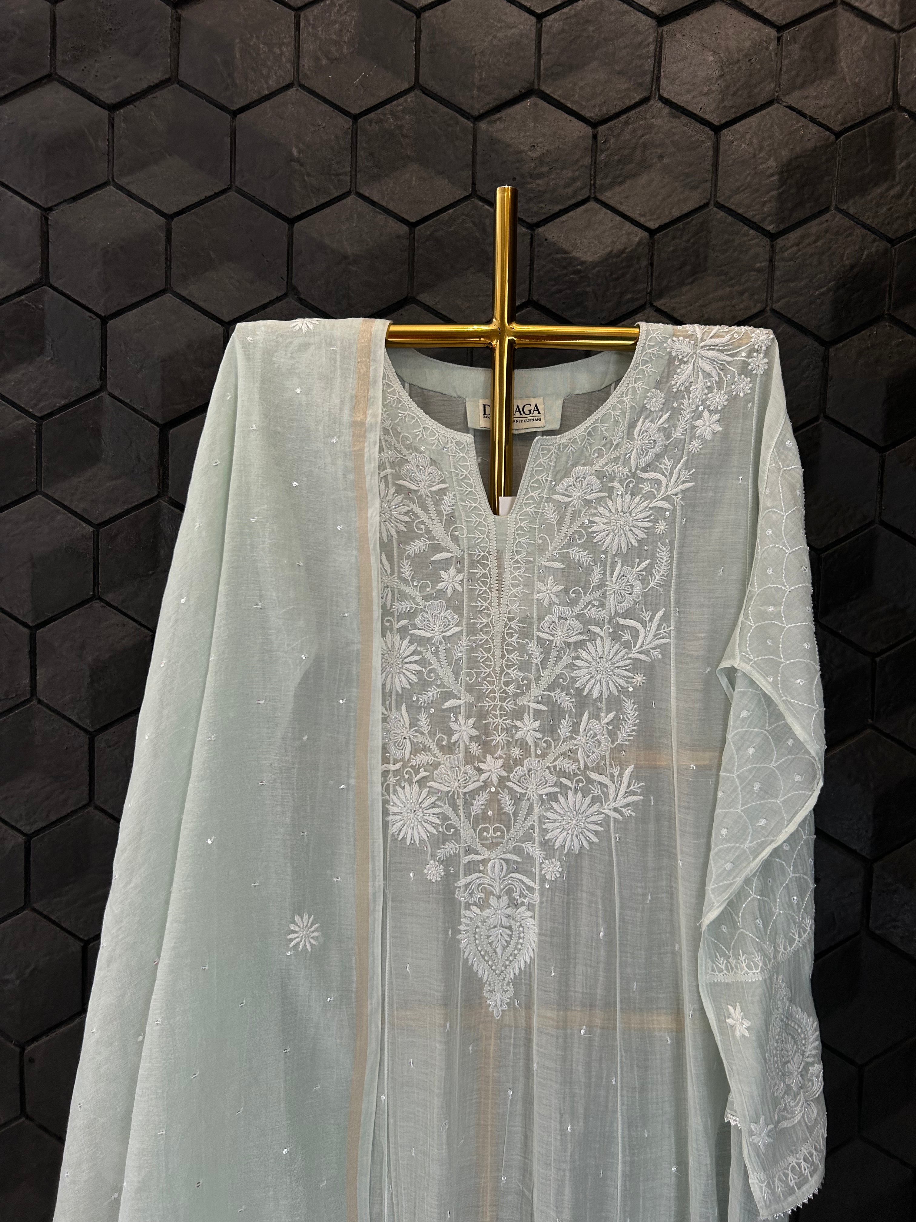 Green Mul Chanderi Chikankari Anarkali Set