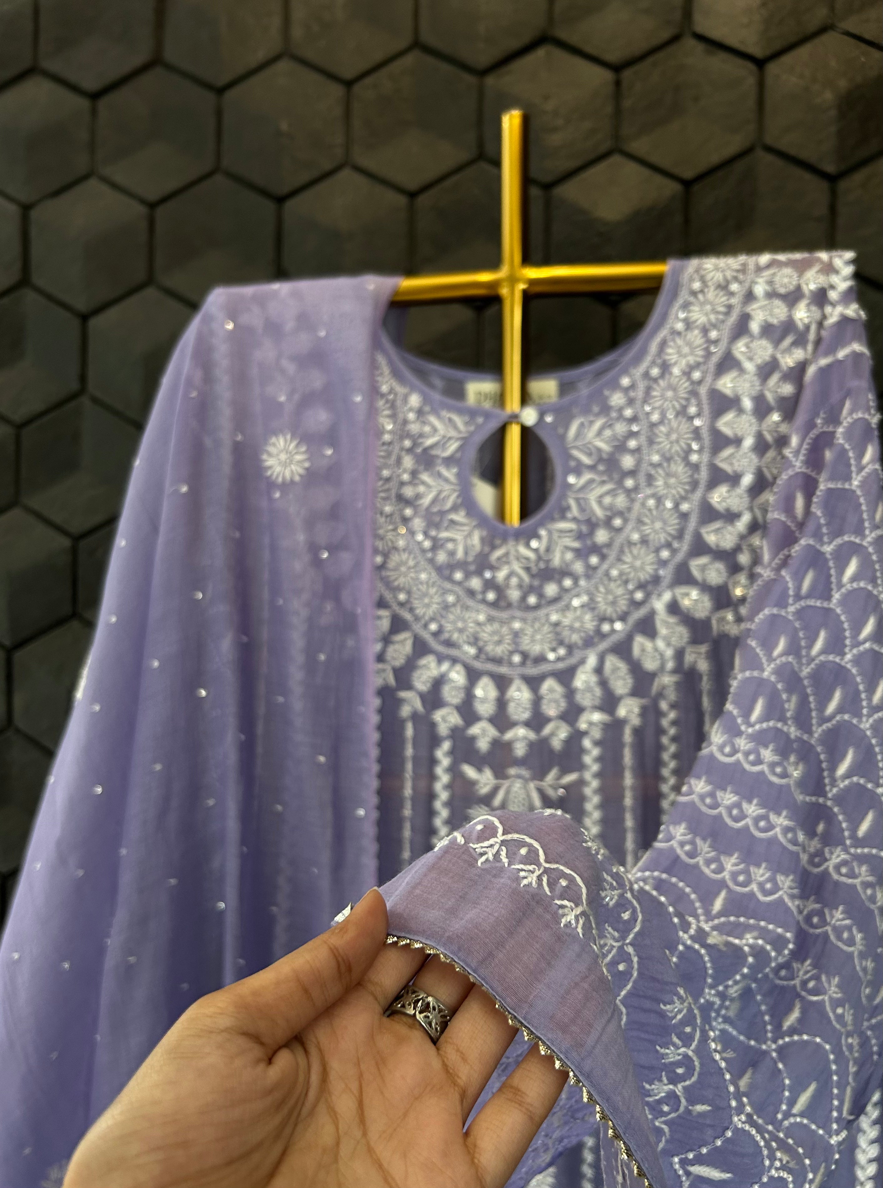 Purple Mul Chanderi Chikankari Anarkali Set