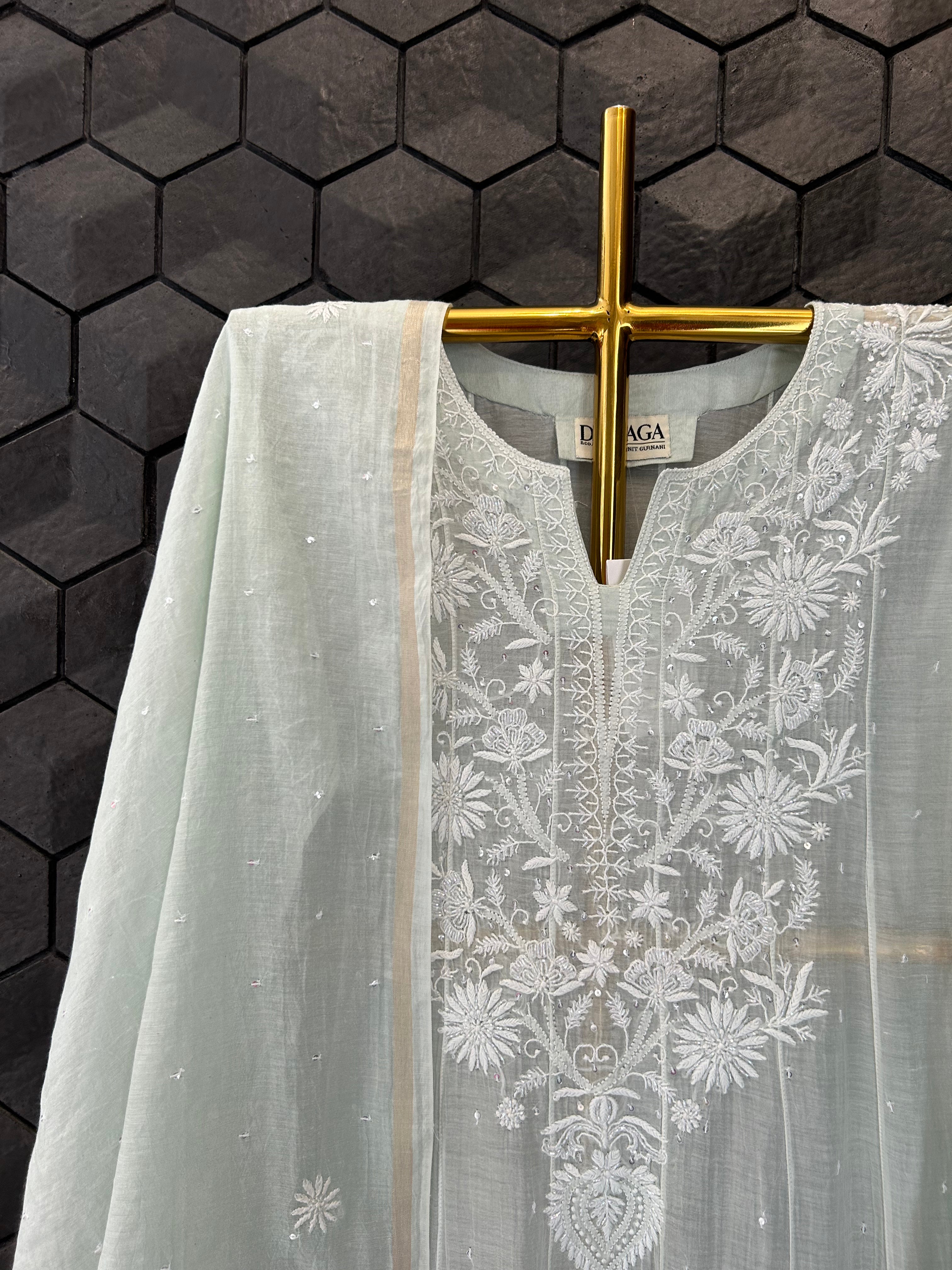 Green Mul Chanderi Chikankari Anarkali Set