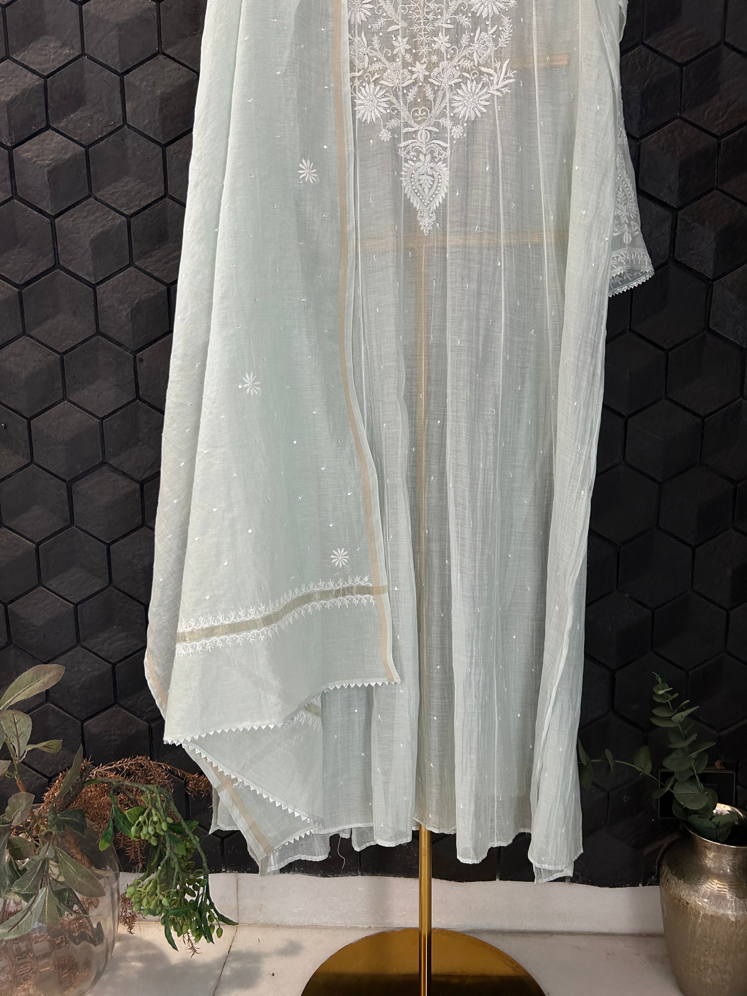 Green Mul Chanderi Chikankari Anarkali Set