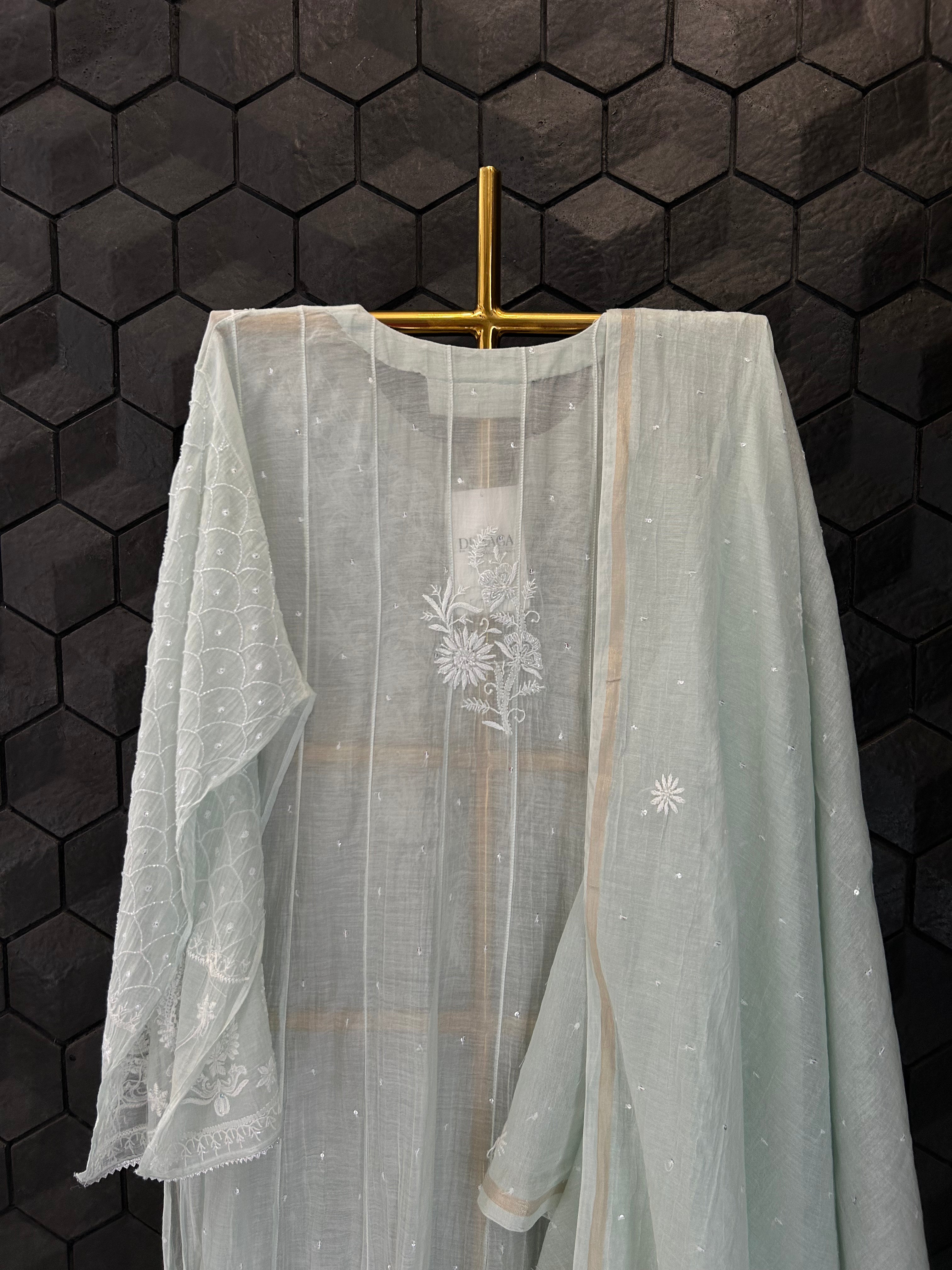 Green Mul Chanderi Chikankari Anarkali Set