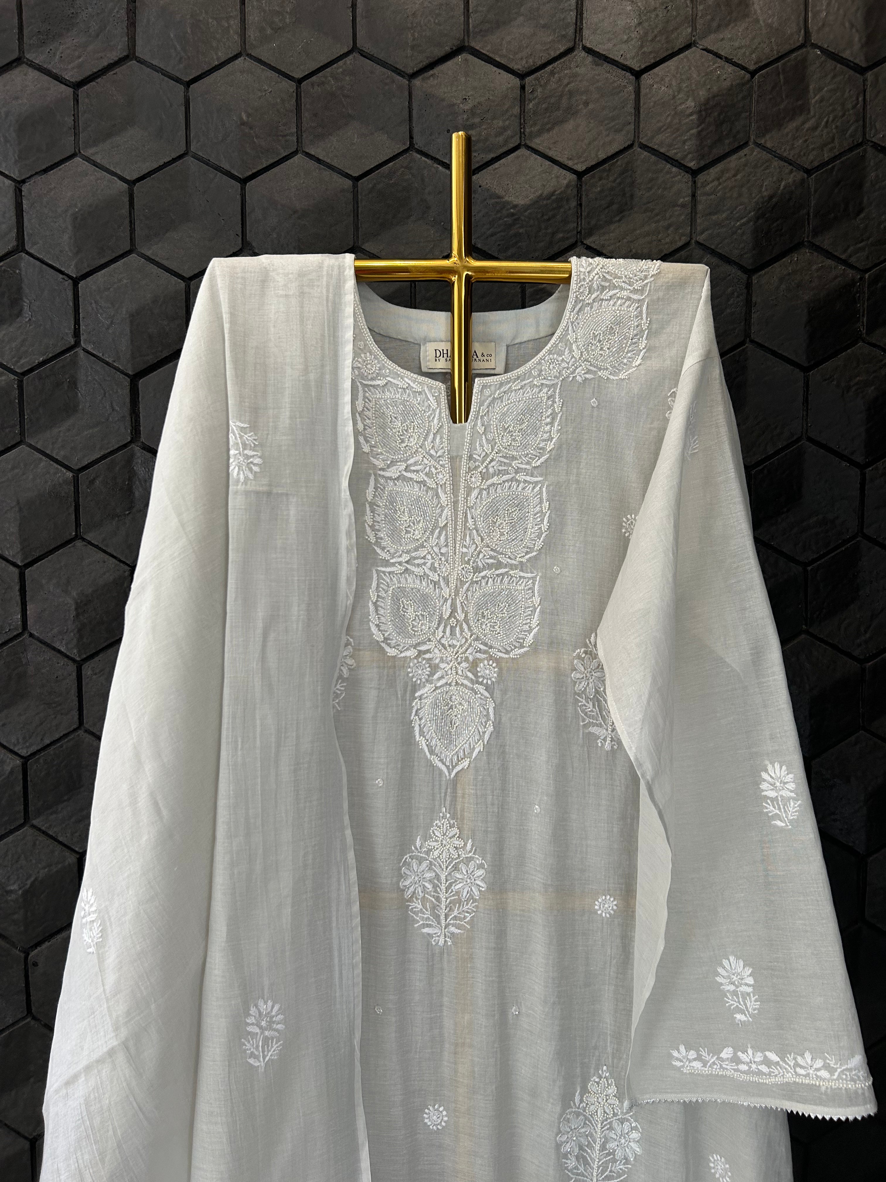 Silver Tissue Chikankari Kurta Set