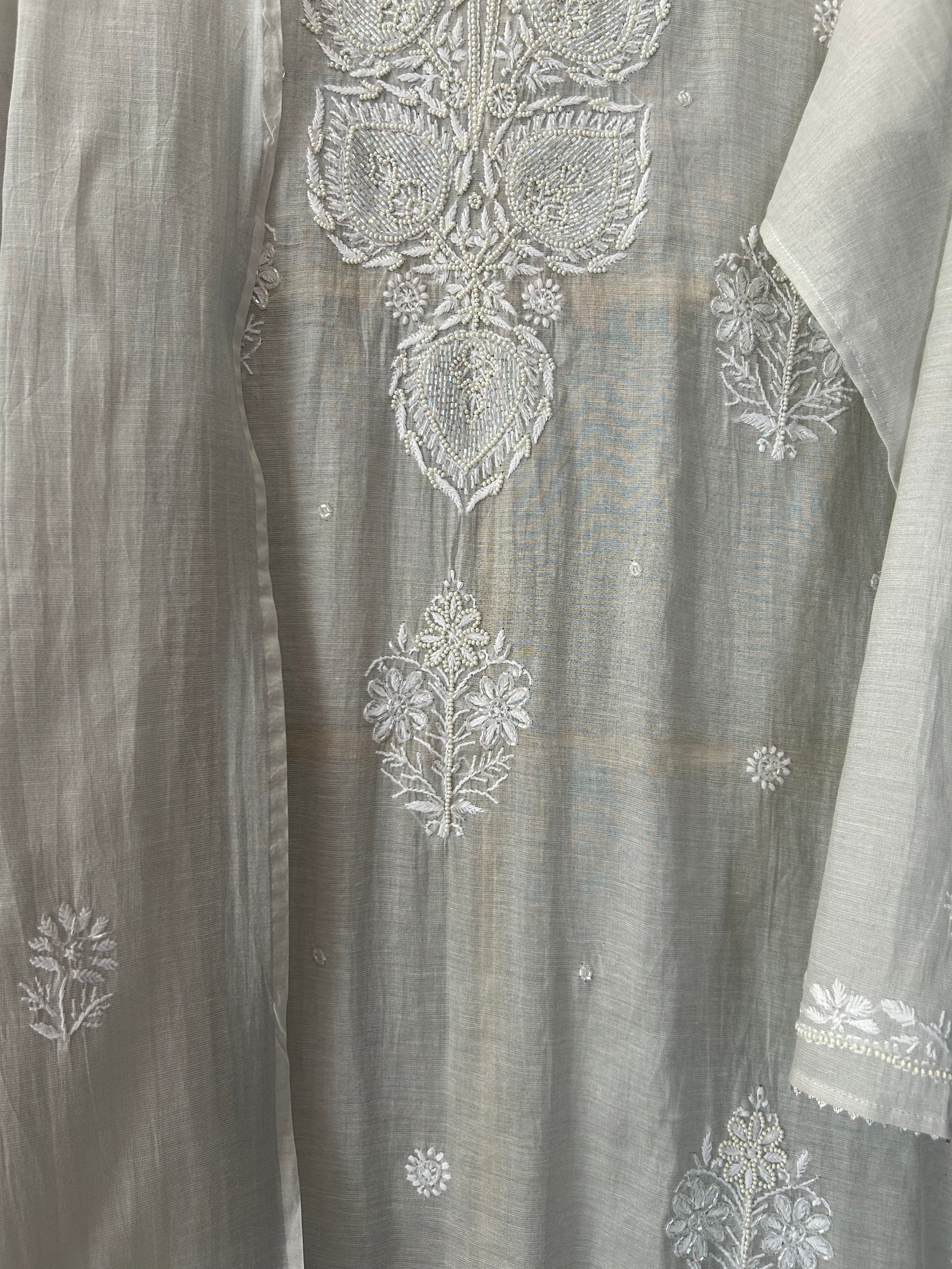 Silver Tissue Chikankari Kurta Set