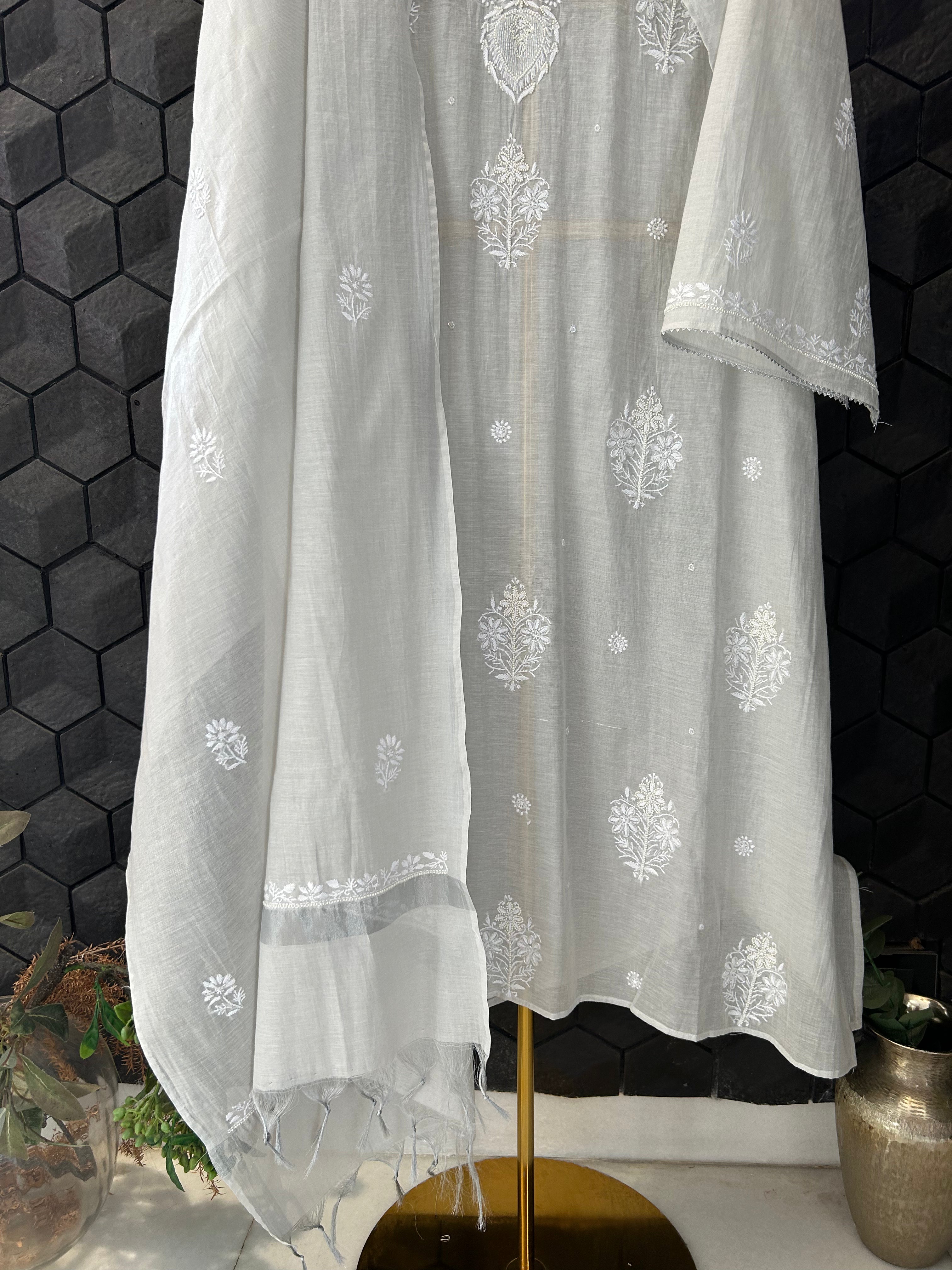 Silver Tissue Chikankari Kurta Set